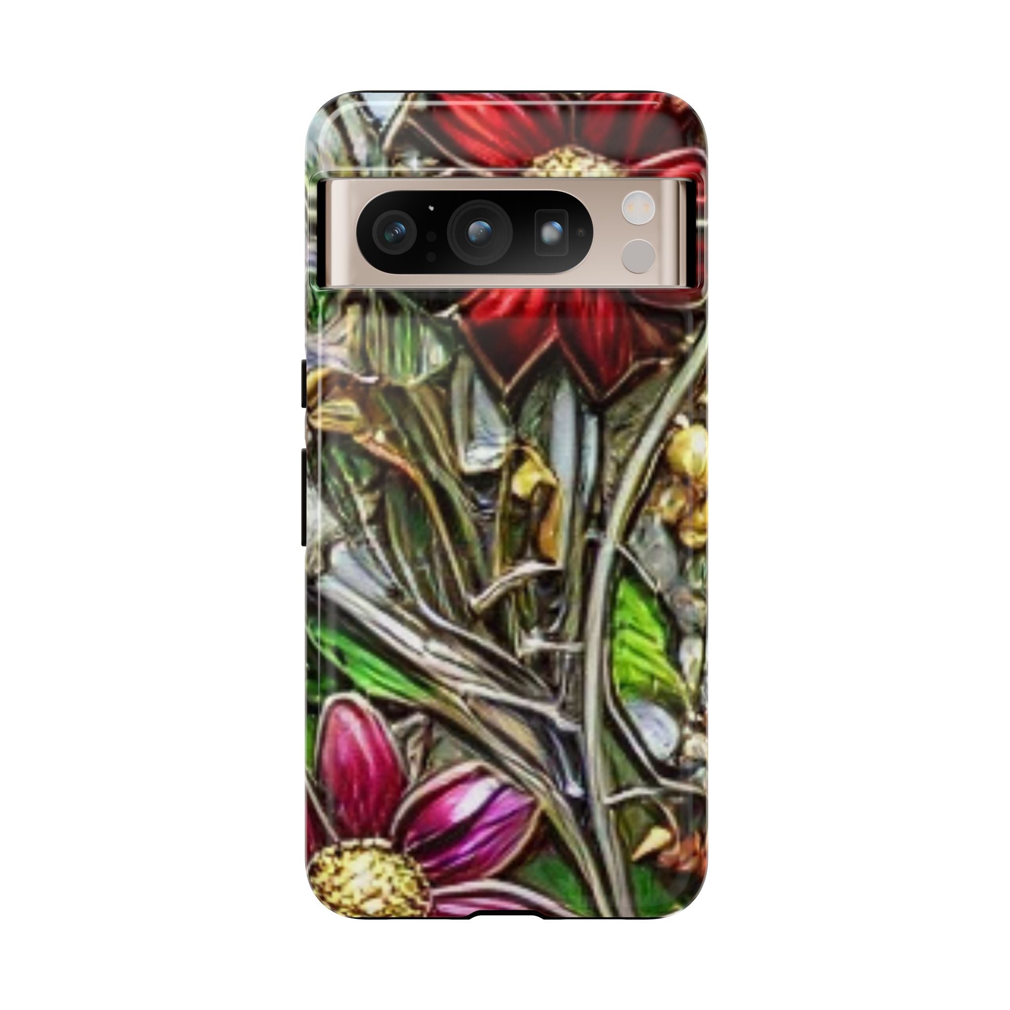 Floral Stained Glass Phone Case – Metallic Red & Purple Flower Design