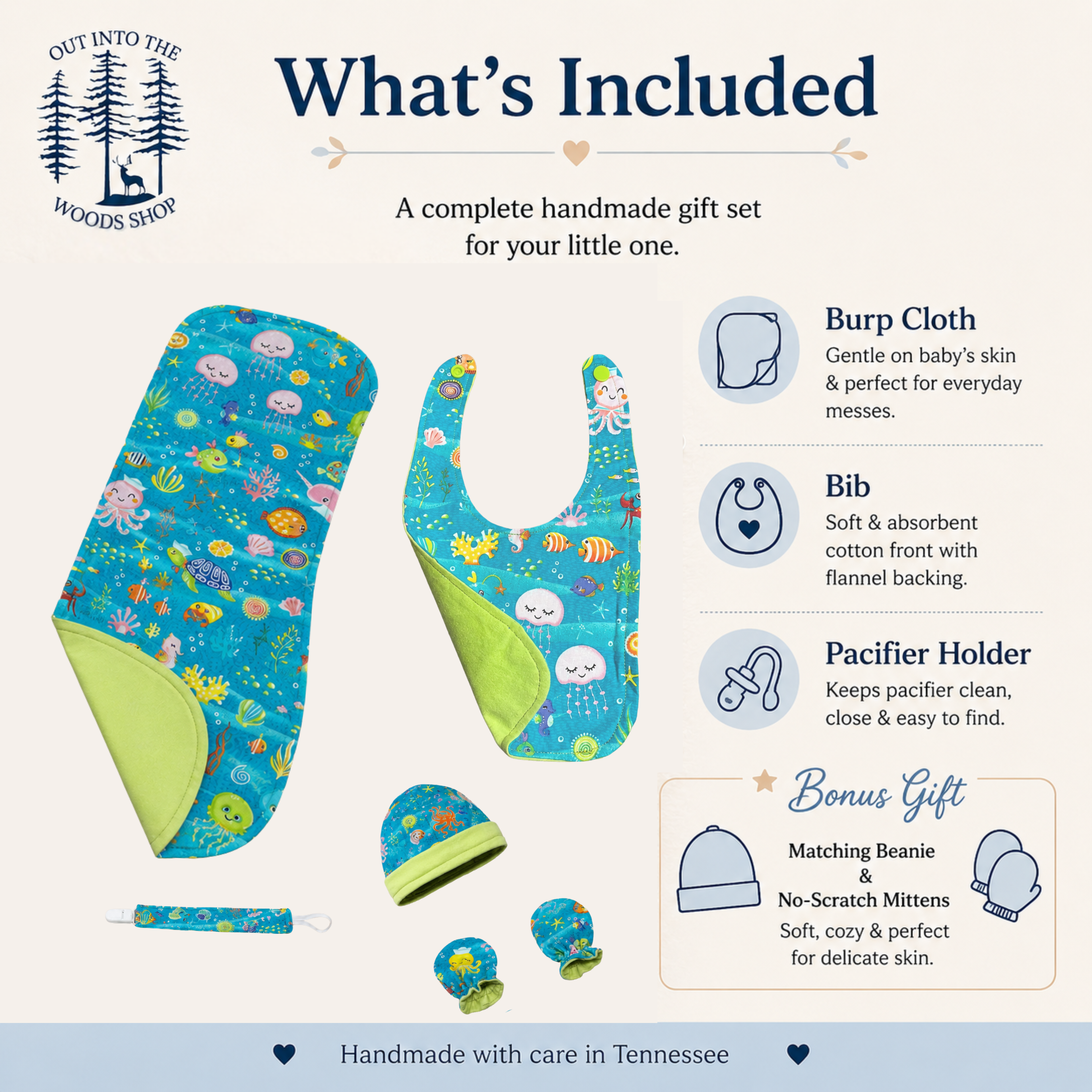 Green Ocean Baby Gift Set – Handmade Newborn Essentials (0–3 Months)