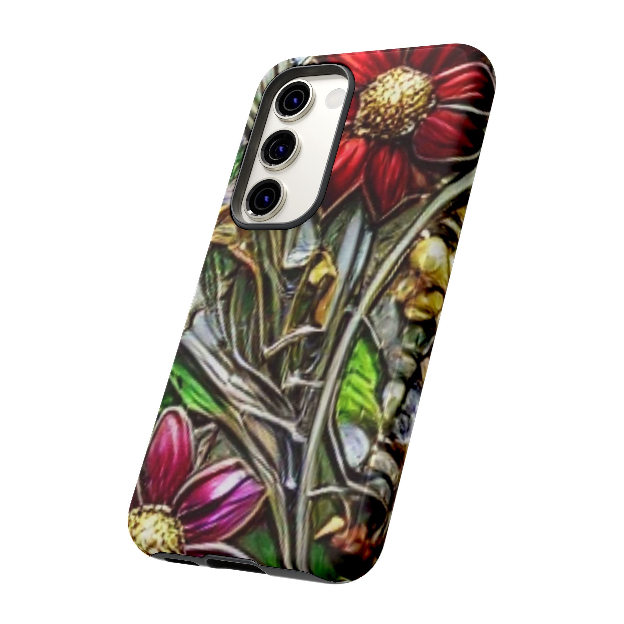 Floral Stained Glass Phone Case – Metallic Red & Purple Flower Design