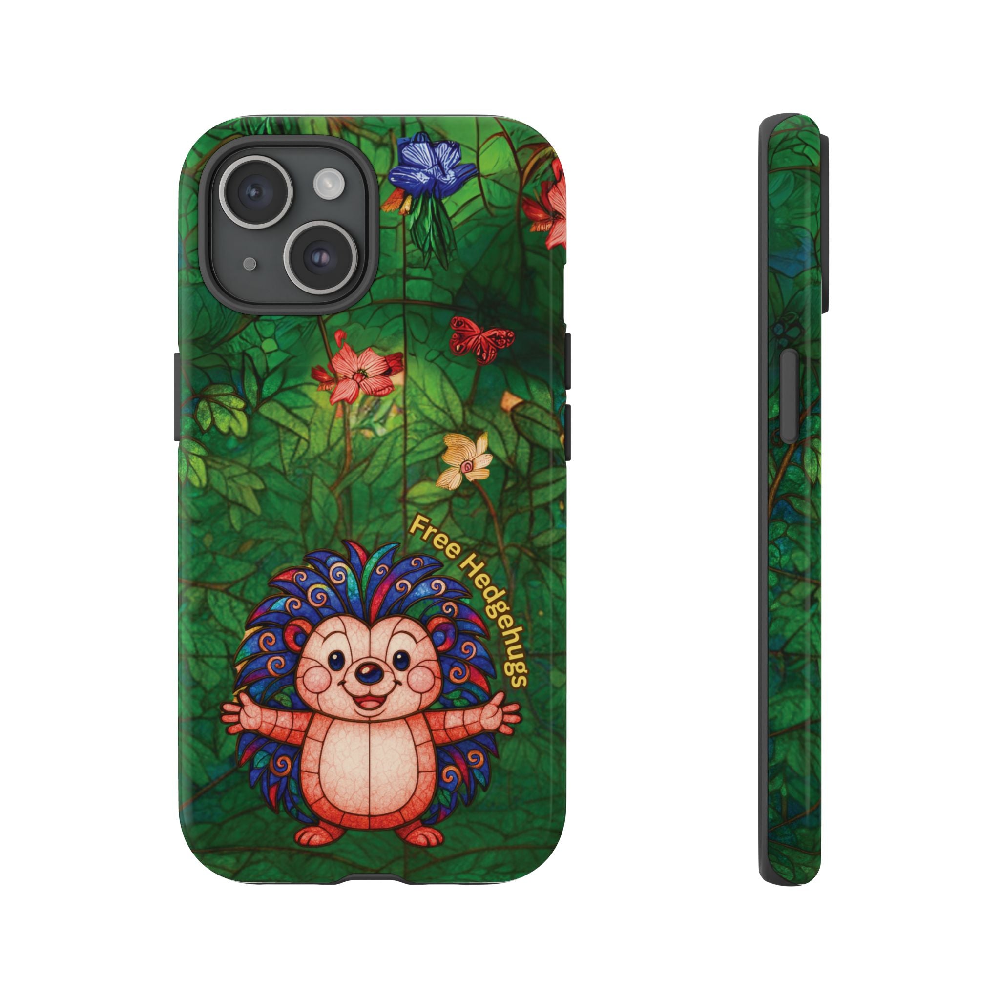 Stained Glass Hedgehog Phone Case – "Free Hedgehugs" Floral Design