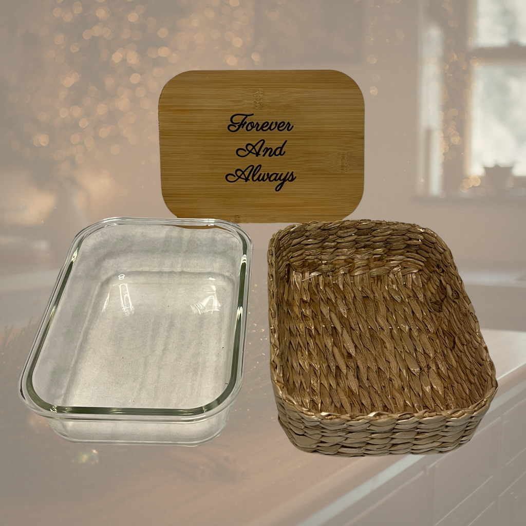 "Forever and Always" Glass Food Storage Container with Engraved Bamboo Lid & Wicker Basket – 51.4 oz (Copy)
