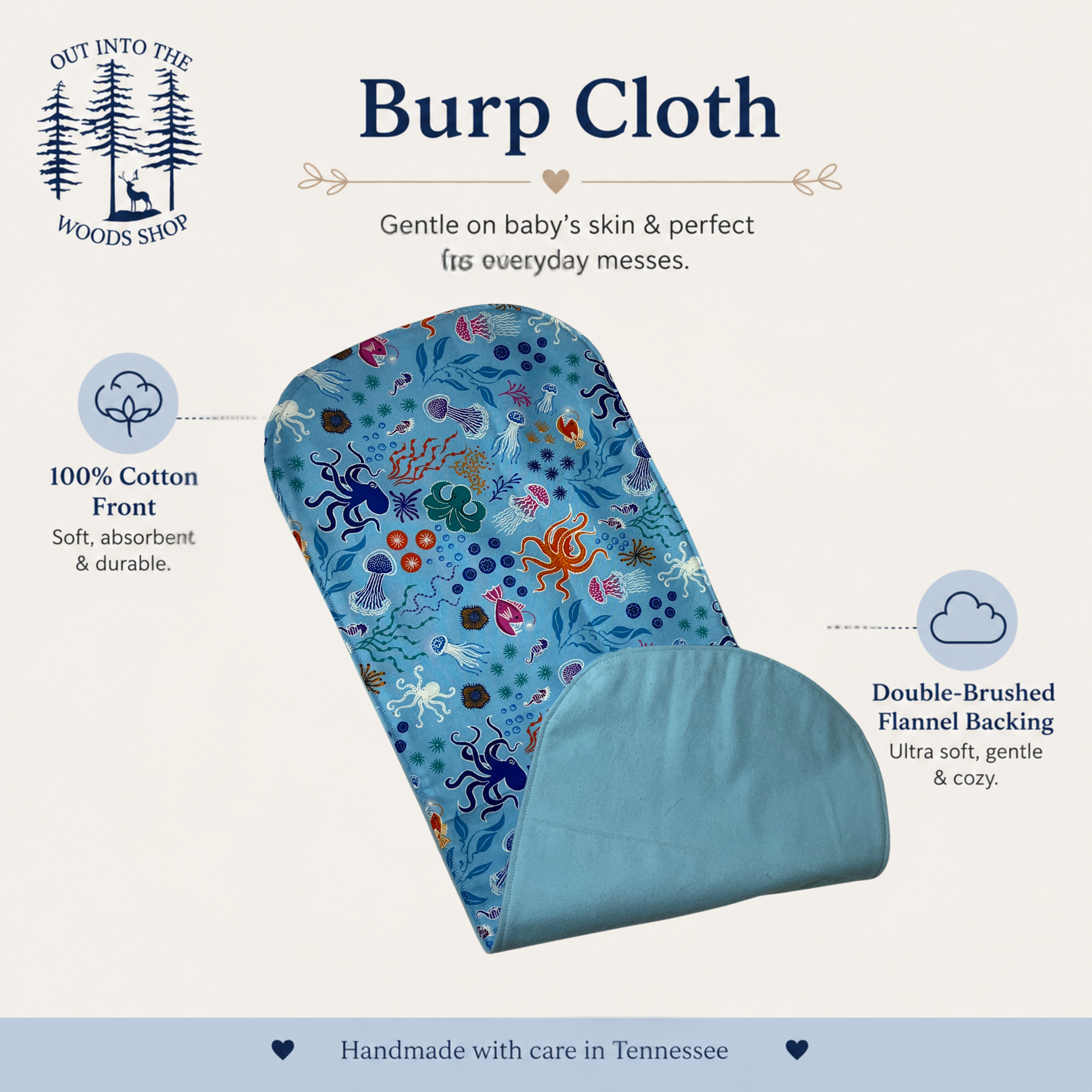 Blue Glow in the Dark Ocean Baby Gift Set – Handmade Bib, Burp Cloth & Pacifier Holder for Newborns (0–3 Months)