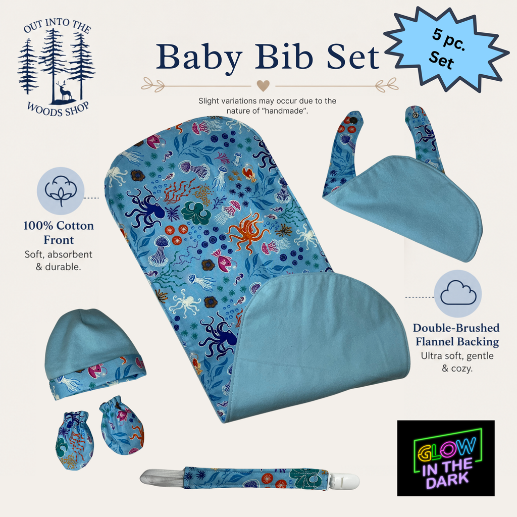 Blue Glow in the Dark Ocean Baby Gift Set – Handmade Bib, Burp Cloth & Pacifier Holder for Newborns (0–3 Months)