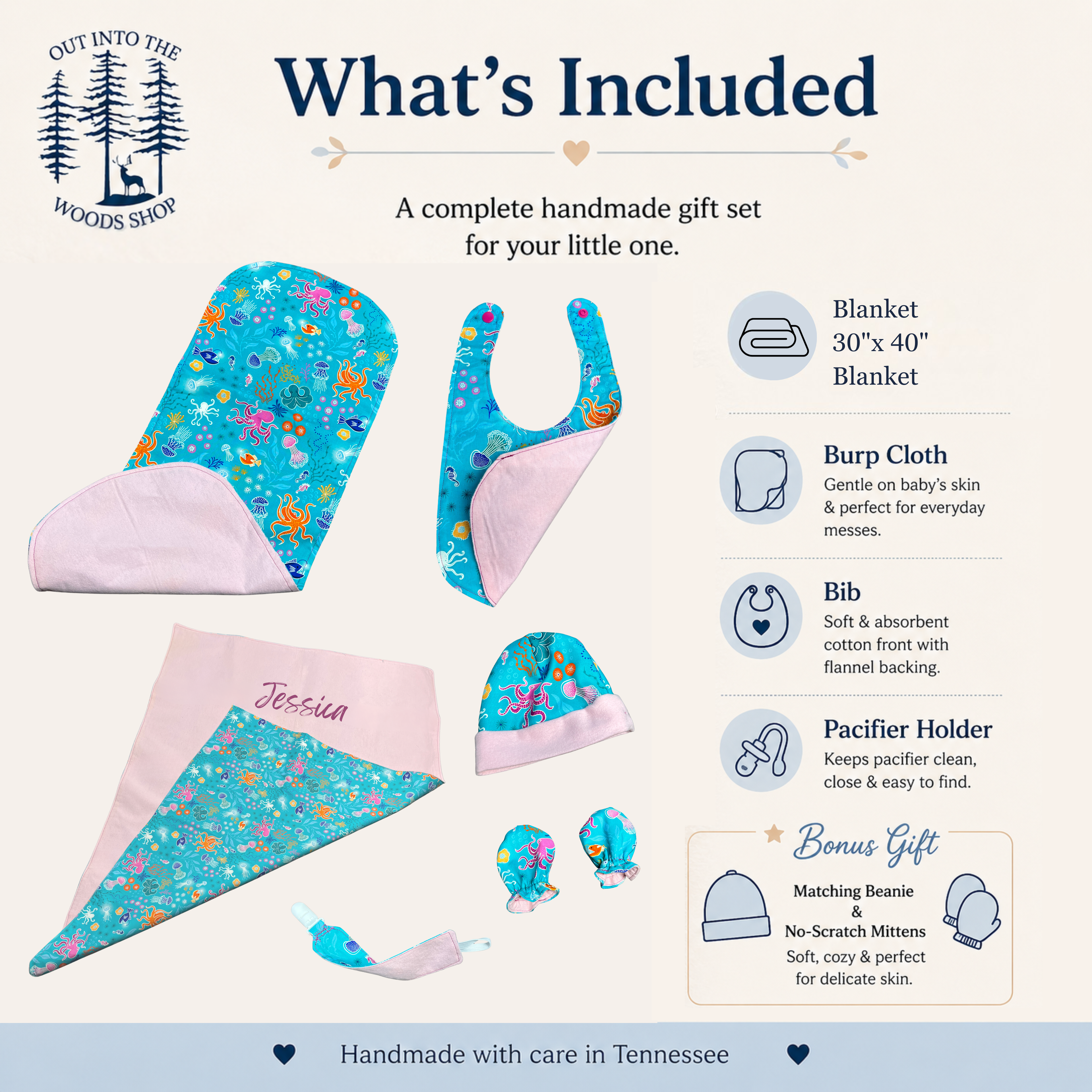 Pink Glow in the Dark Ocean Baby Gift Set – Handmade Newborn Essentials (0–3 Months)