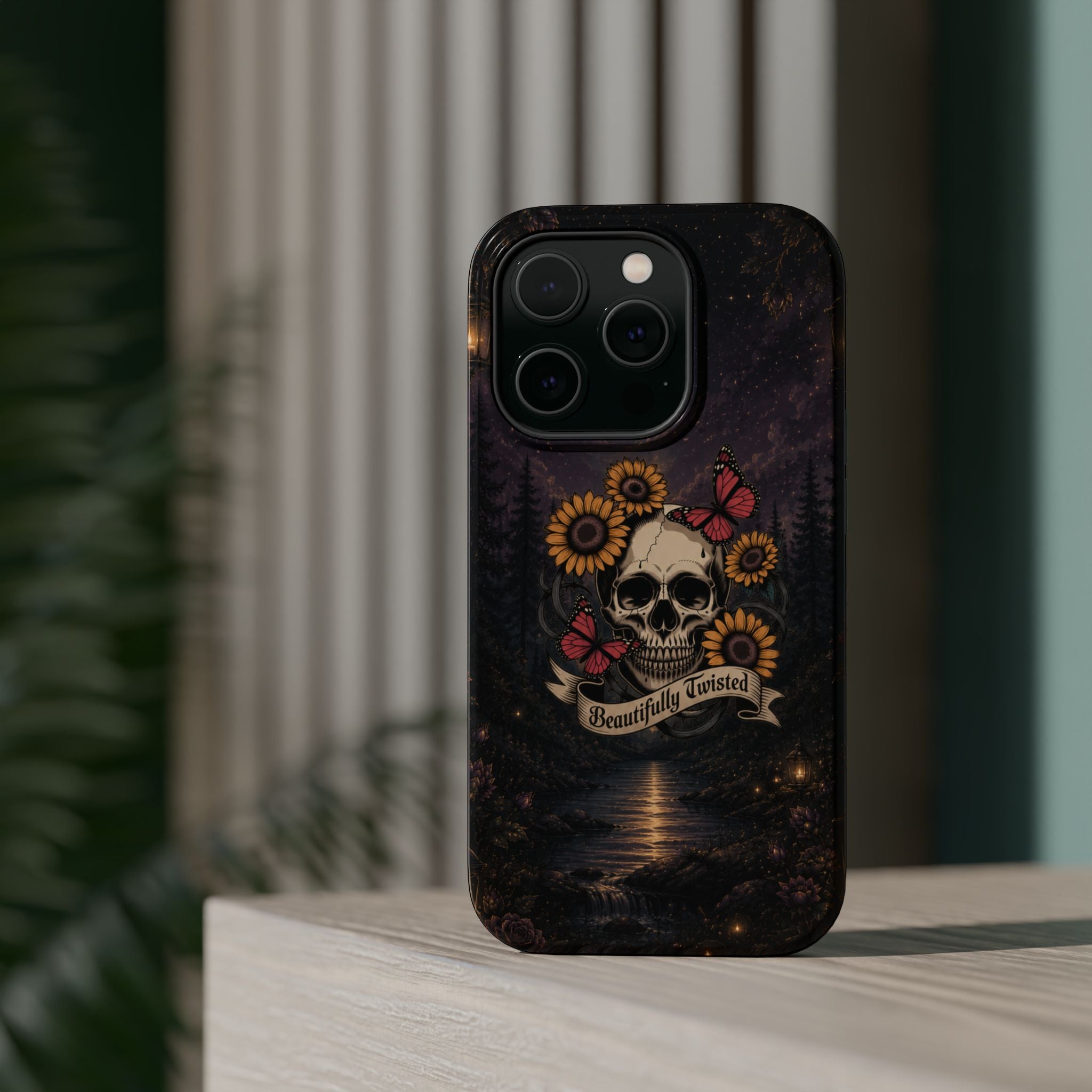 Skull, Sunflowers & Butterflies Phone Case – "Beautifully Twisted" MagSafe Cover