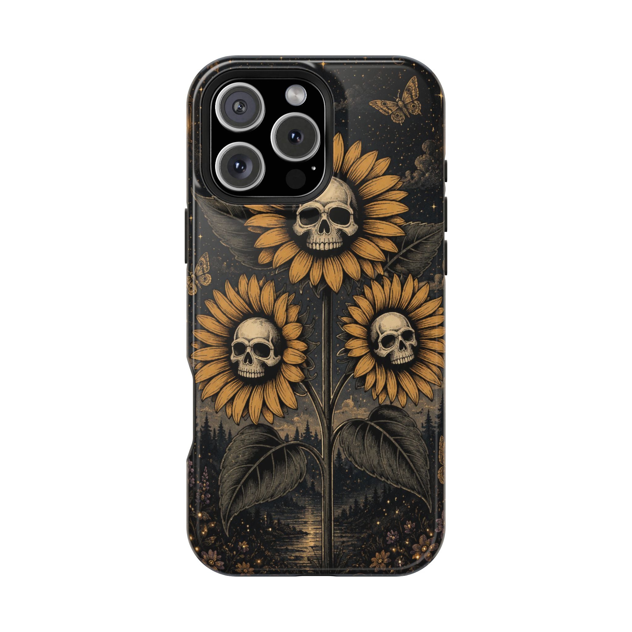 Skull Sunflowers Phone Case – Dark Floral MagSafe-Compatible Cover