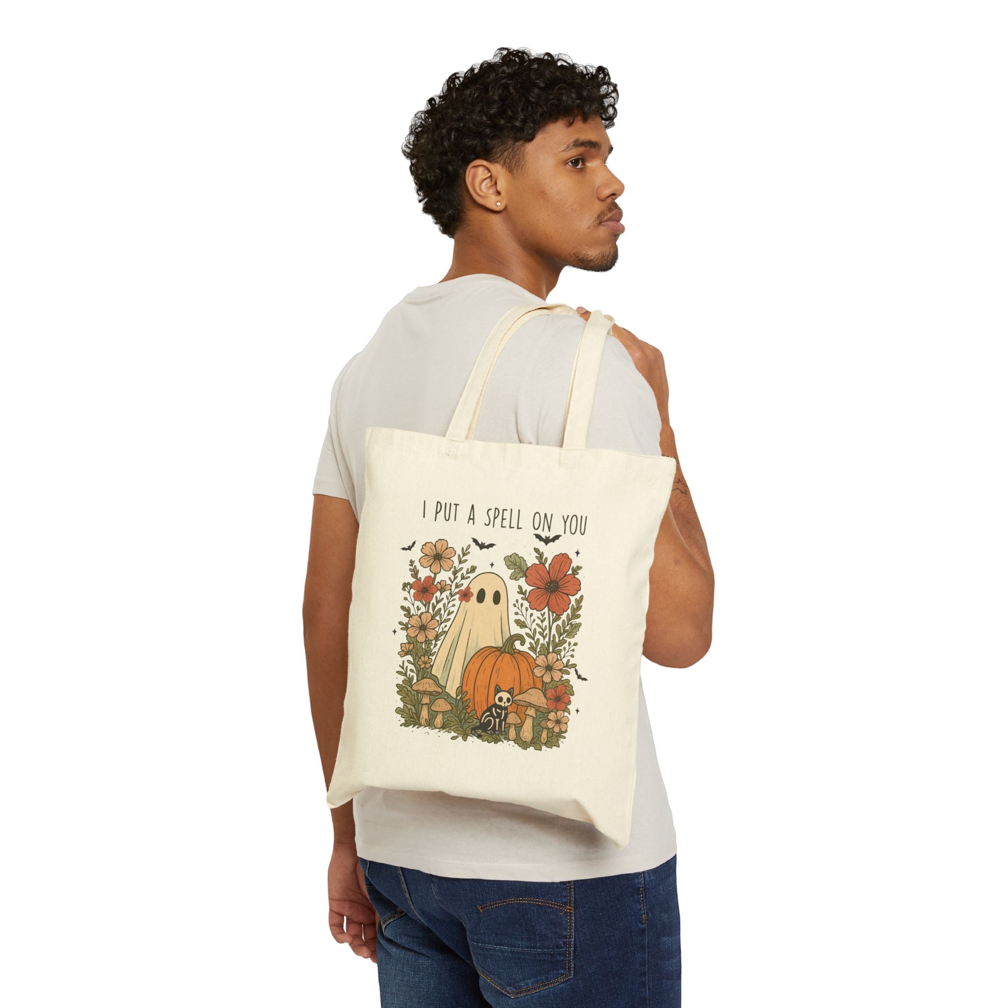 Floral Cottagecore Cotton Canvas Spooky Season Tote Bag,  Reusable Halloween Computer Bag, Cozy Fall Themed Teacher Gift, Trick-or-treat bag