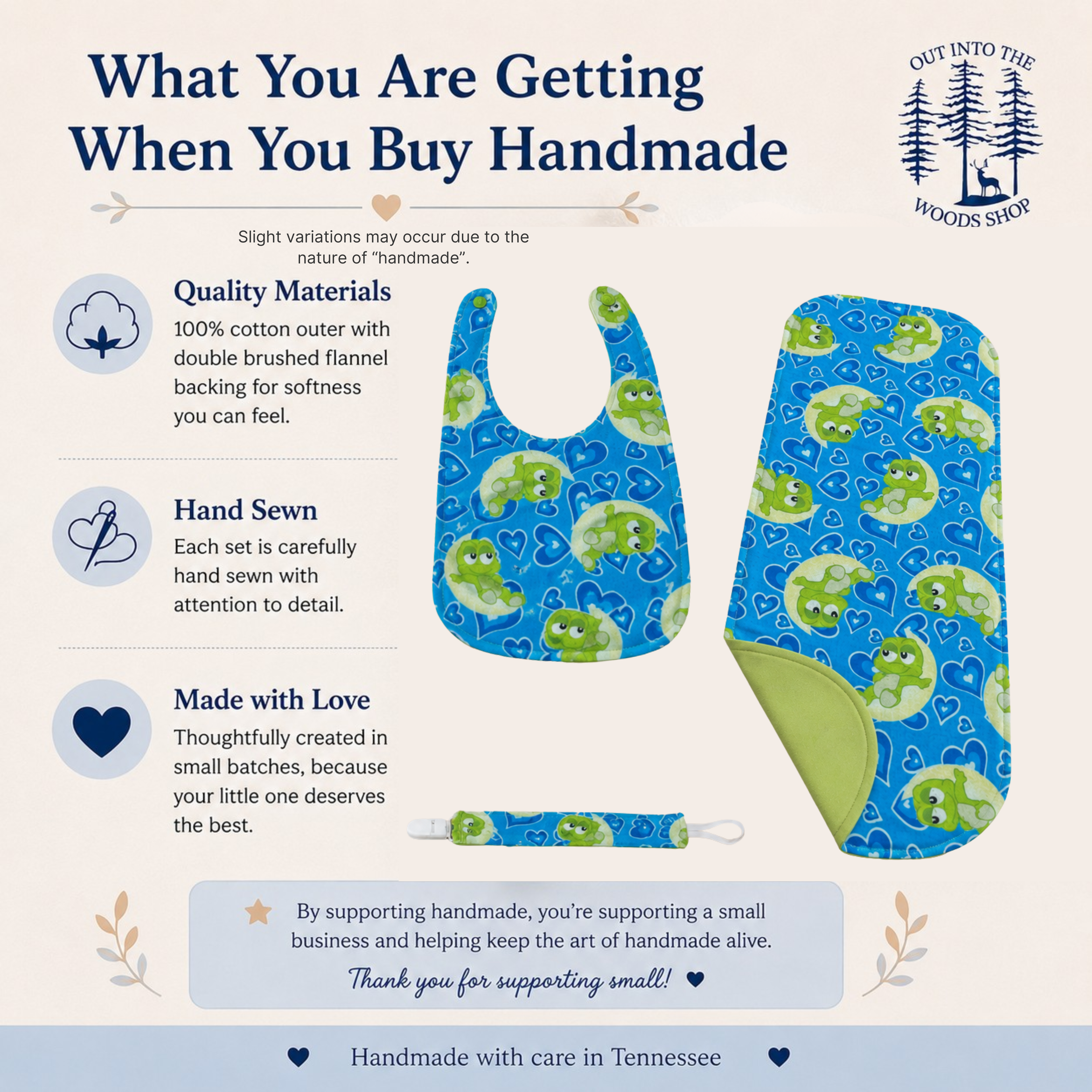 Blue Baby Frog Bib Set – Handmade Bib, Burp Cloth & Pacifier Holder for Newborns (0–3 Months)