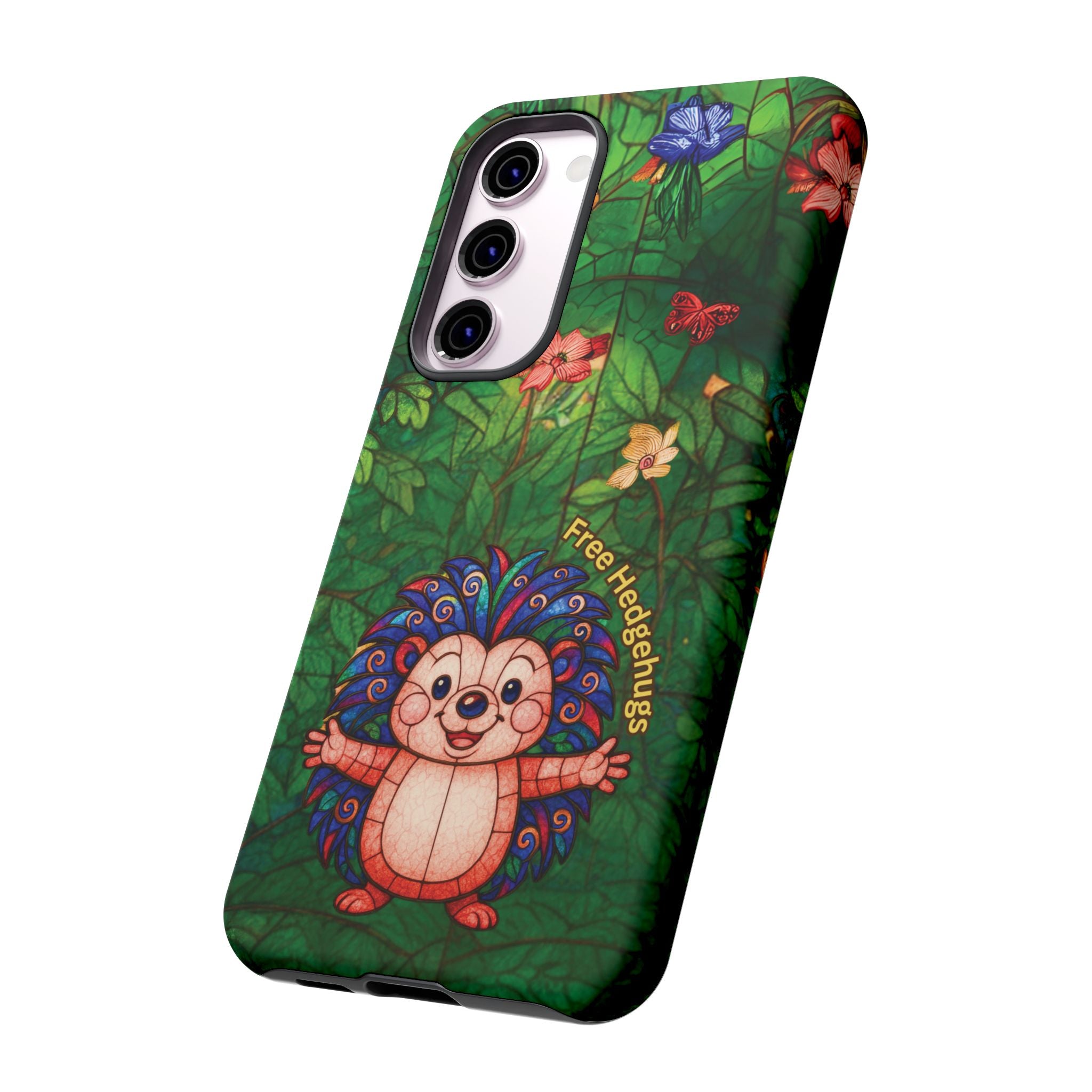 Stained Glass Hedgehog Phone Case – "Free Hedgehugs" Floral Design