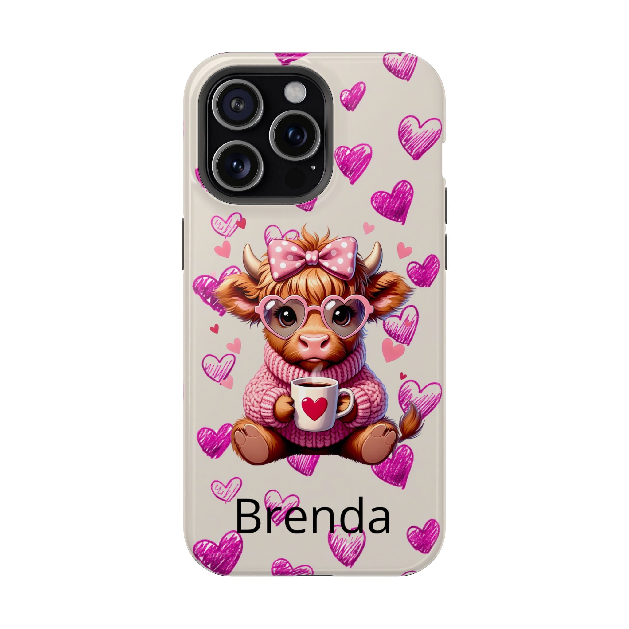 Highland Cow With Pink Hearts iPhone Case, Valentines Magnetic Impact-Resistant Case