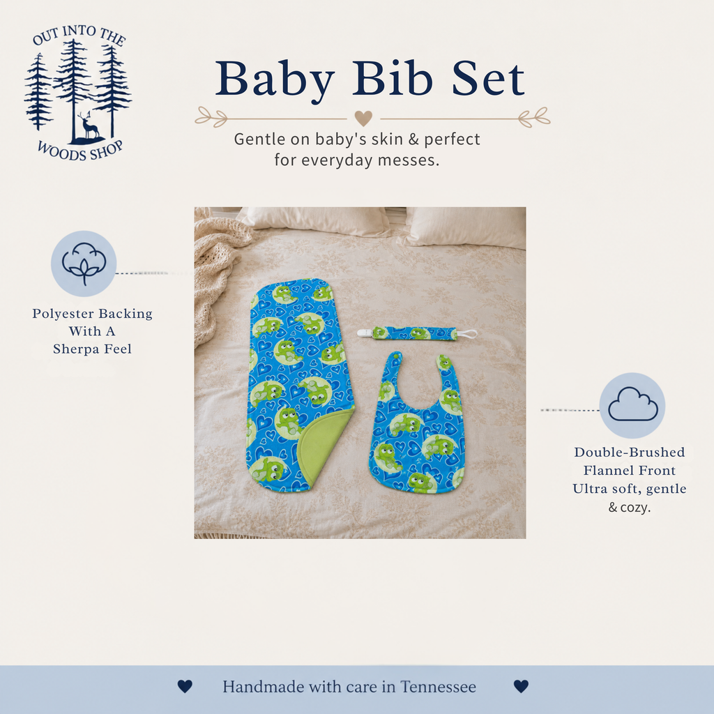 Blue Baby Frog Bib Set – Handmade Bib, Burp Cloth & Pacifier Holder for Newborns (0–3 Months)