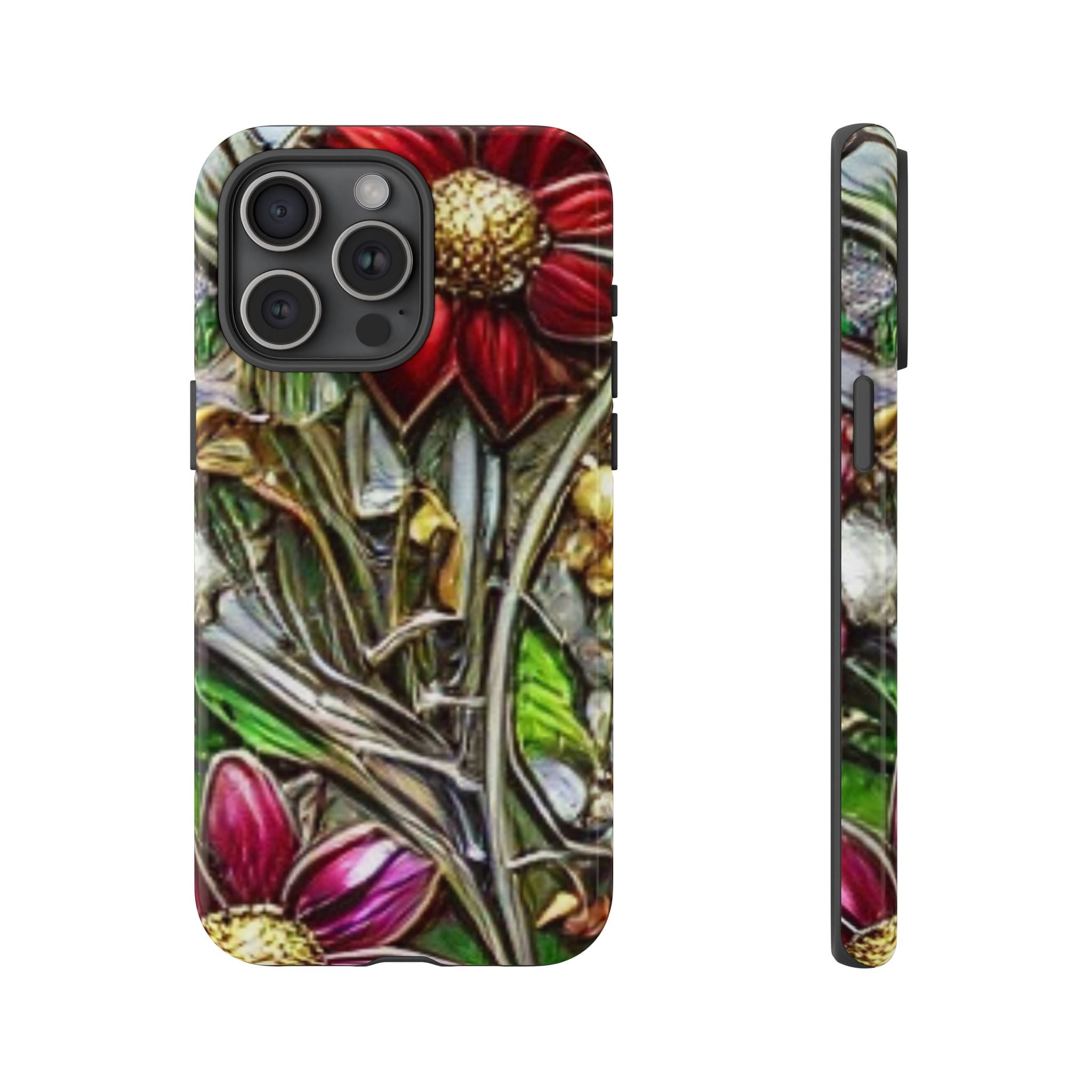 Floral Stained Glass Phone Case – Metallic Red & Purple Flower Design