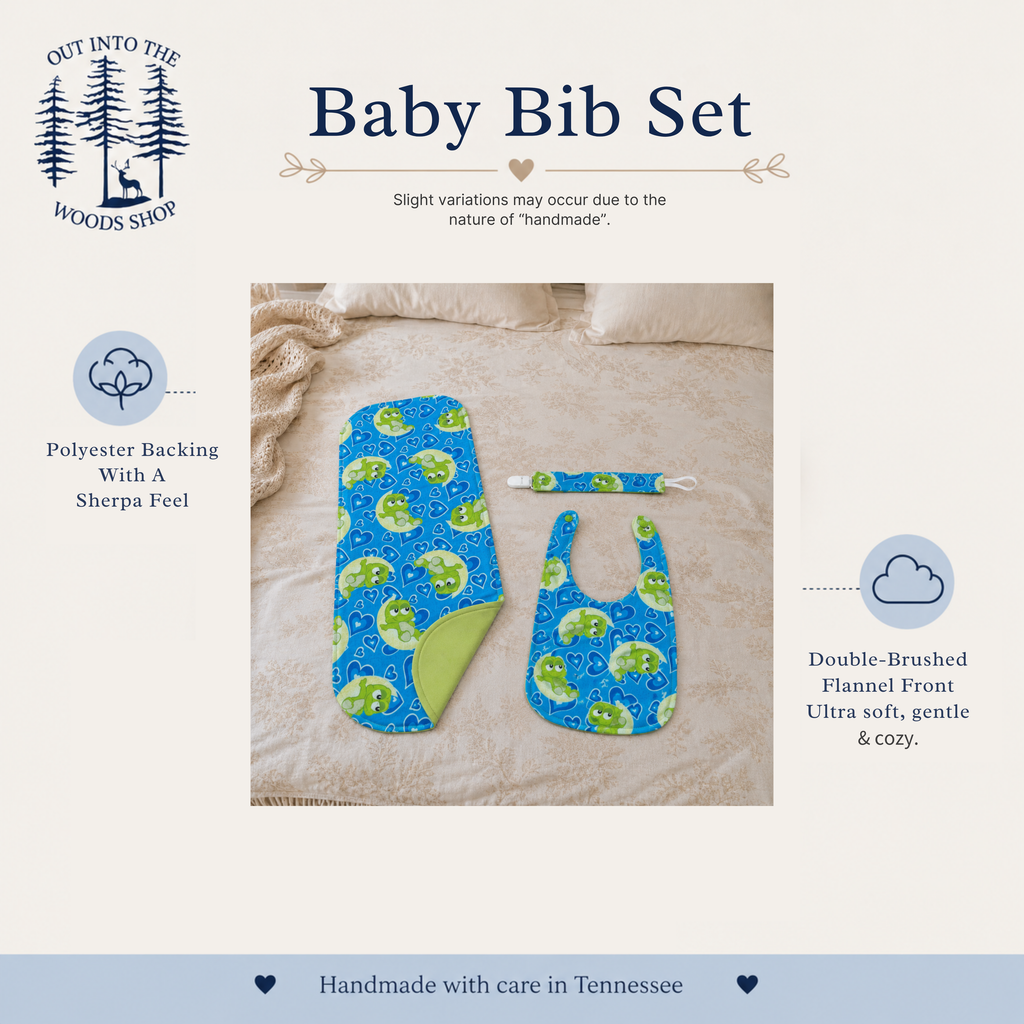 Blue Baby Frog Bib Set – Handmade Bib, Burp Cloth & Pacifier Holder for Newborns (0–3 Months)