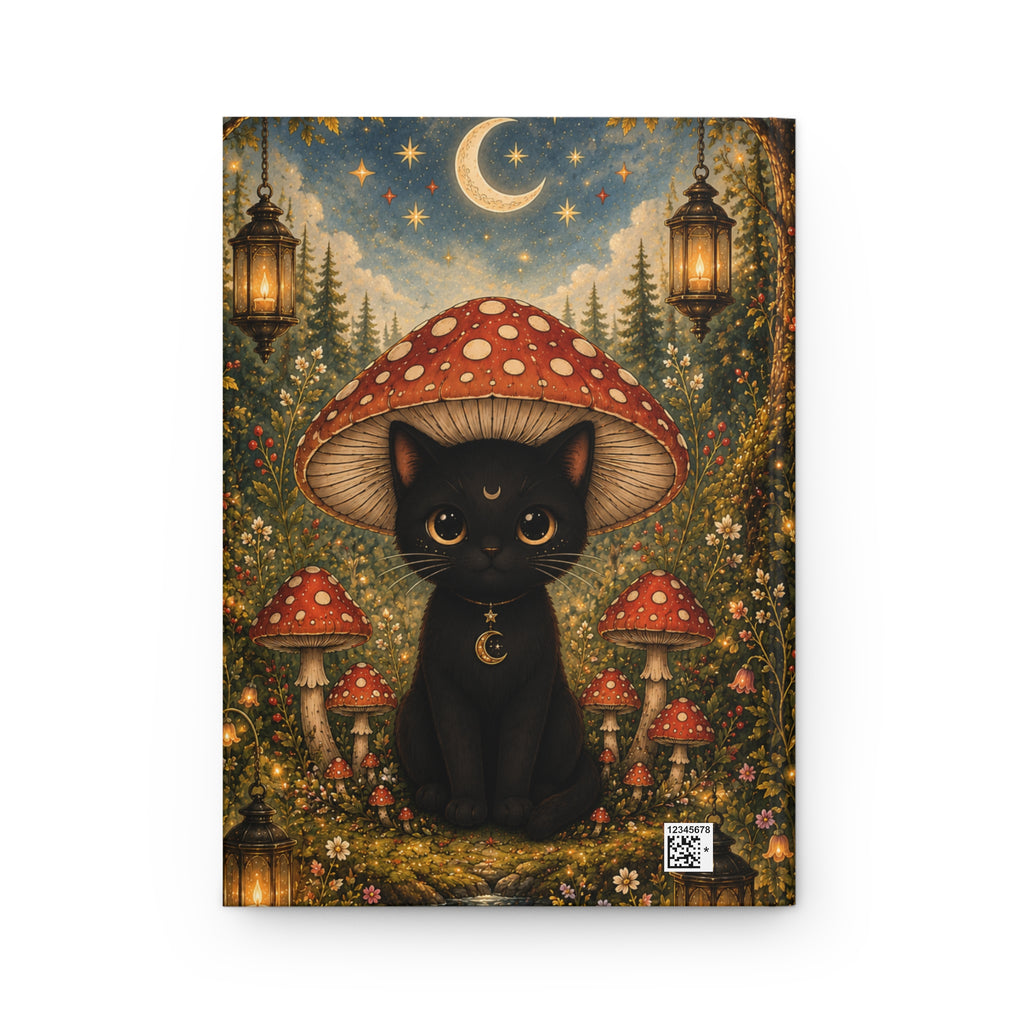 Personalized Black Cat Journal — Moonlit Mushroom Hardcover Notebook | Lined Pages, Witch Aesthetic Gift