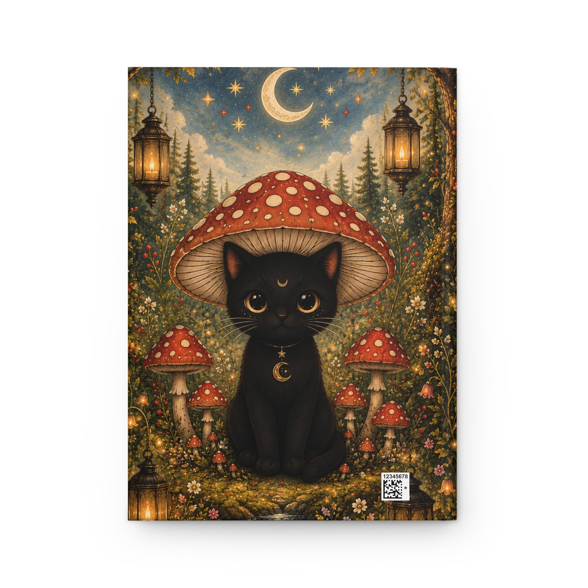Personalized Black Cat Journal — Moonlit Mushroom Hardcover Notebook | Lined Pages, Witch Aesthetic Gift