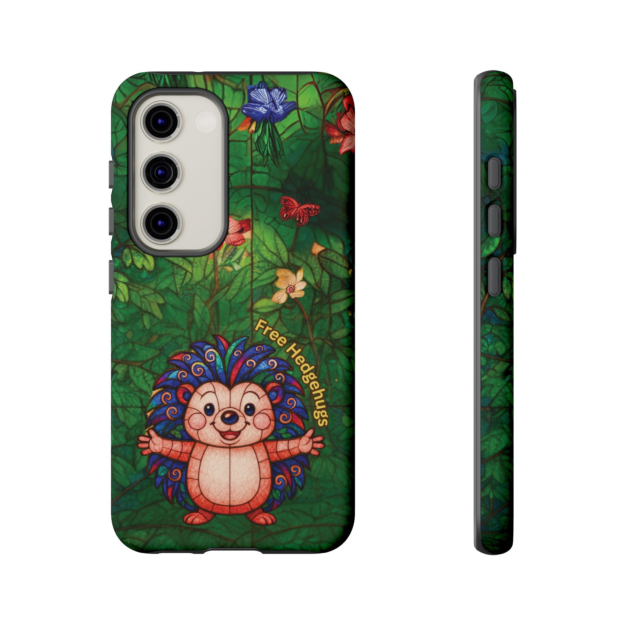 Stained Glass Hedgehog Phone Case – "Free Hedgehugs" Floral Design