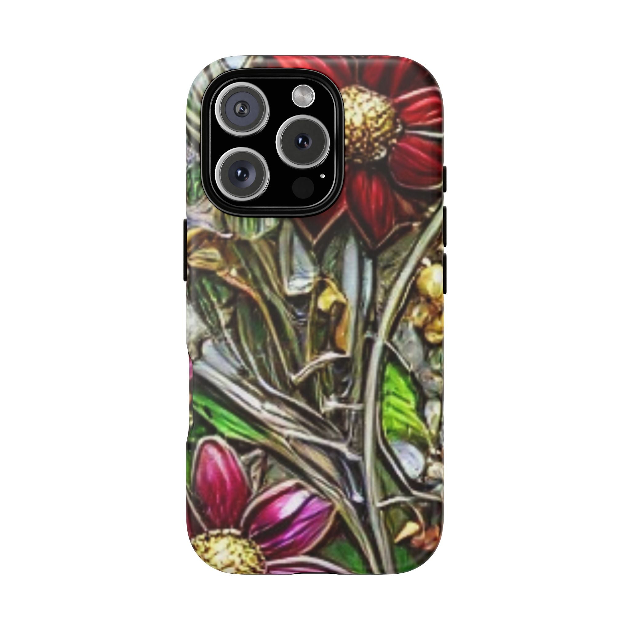 Floral Stained Glass Phone Case – Metallic Red & Purple Flower Design