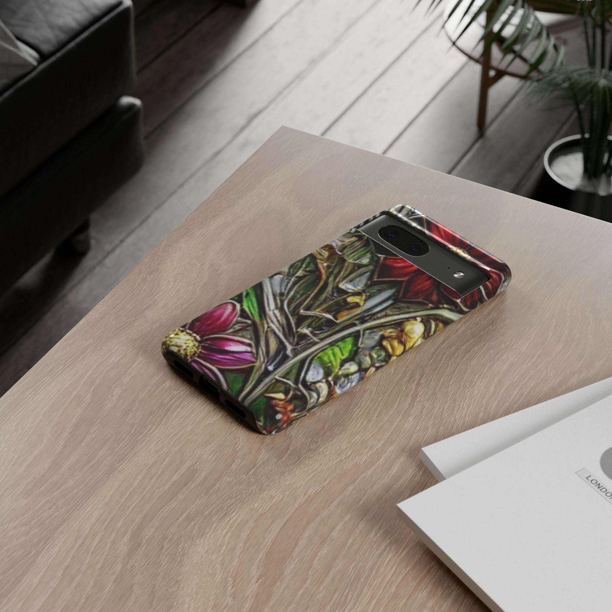 Floral Stained Glass Phone Case – Metallic Red & Purple Flower Design