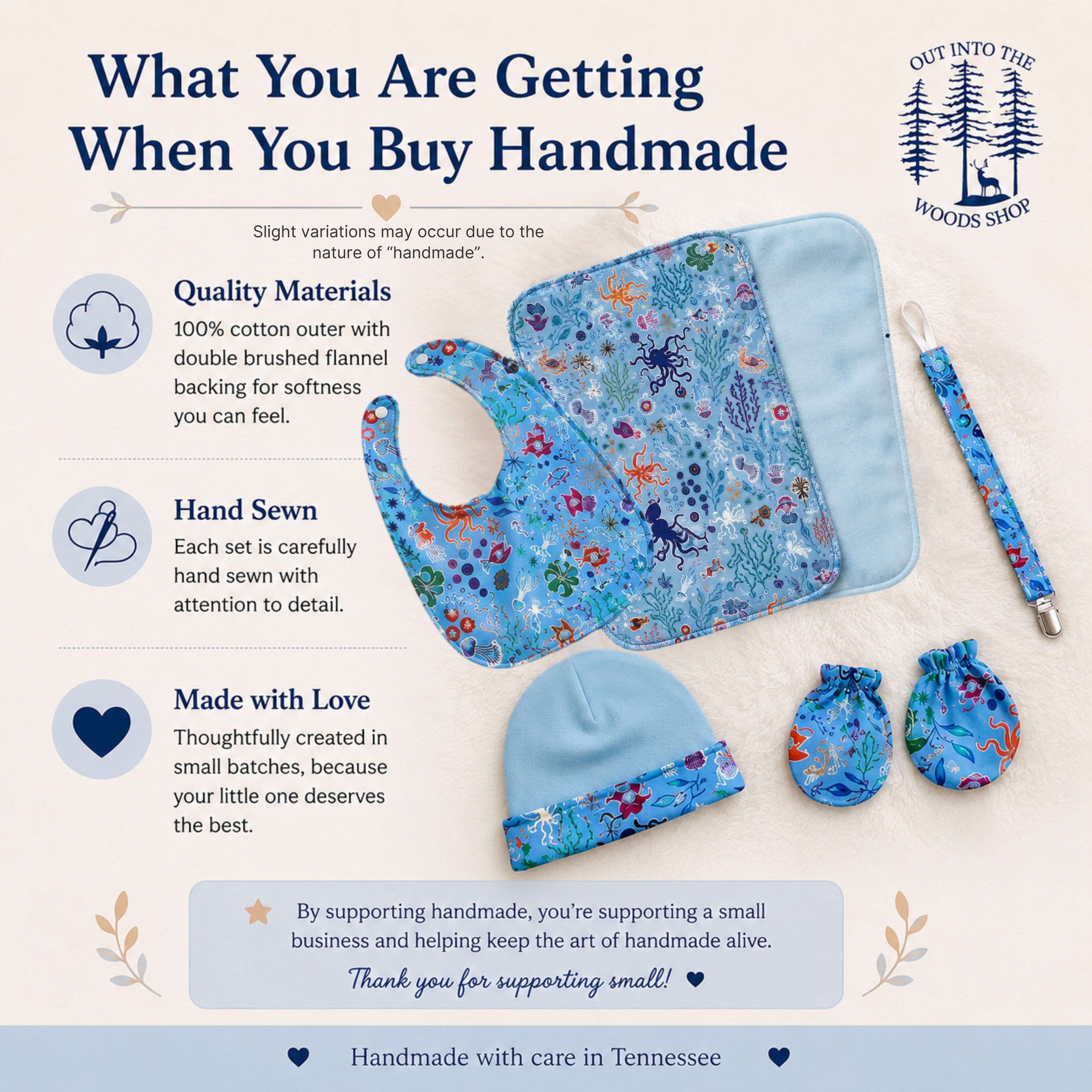 Blue Glow in the Dark Ocean Baby Gift Set – Handmade Bib, Burp Cloth & Pacifier Holder for Newborns (0–3 Months)