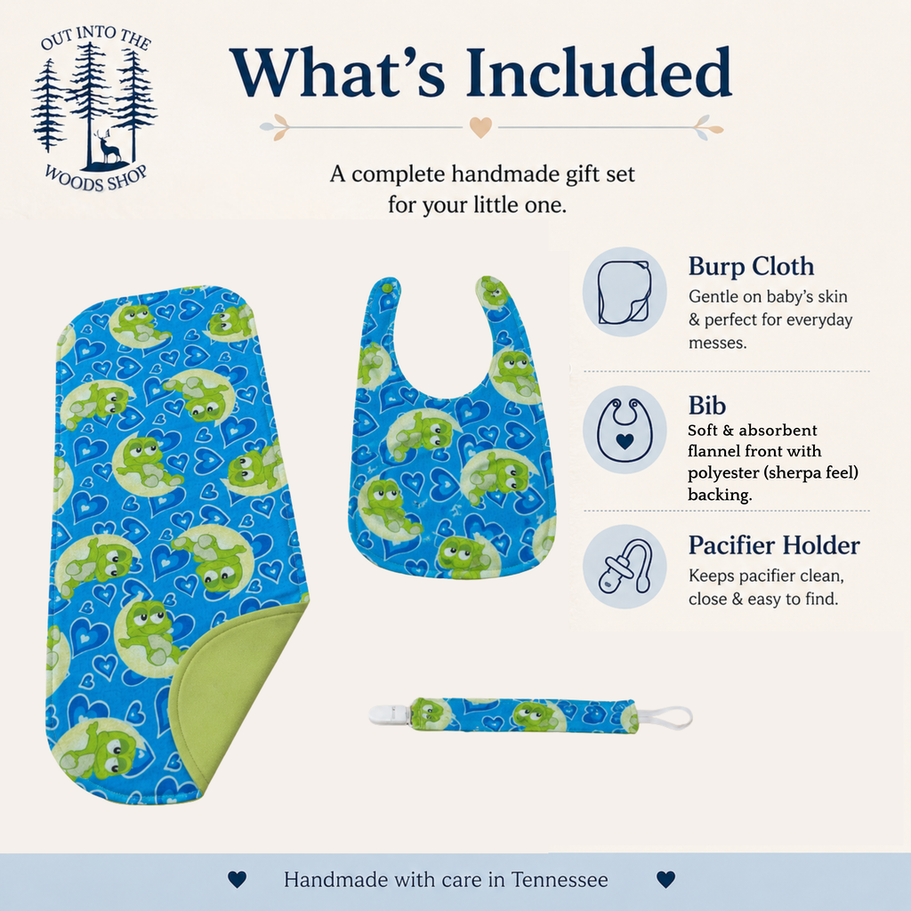 Blue Baby Frog Bib Set – Handmade Bib, Burp Cloth & Pacifier Holder for Newborns (0–3 Months)