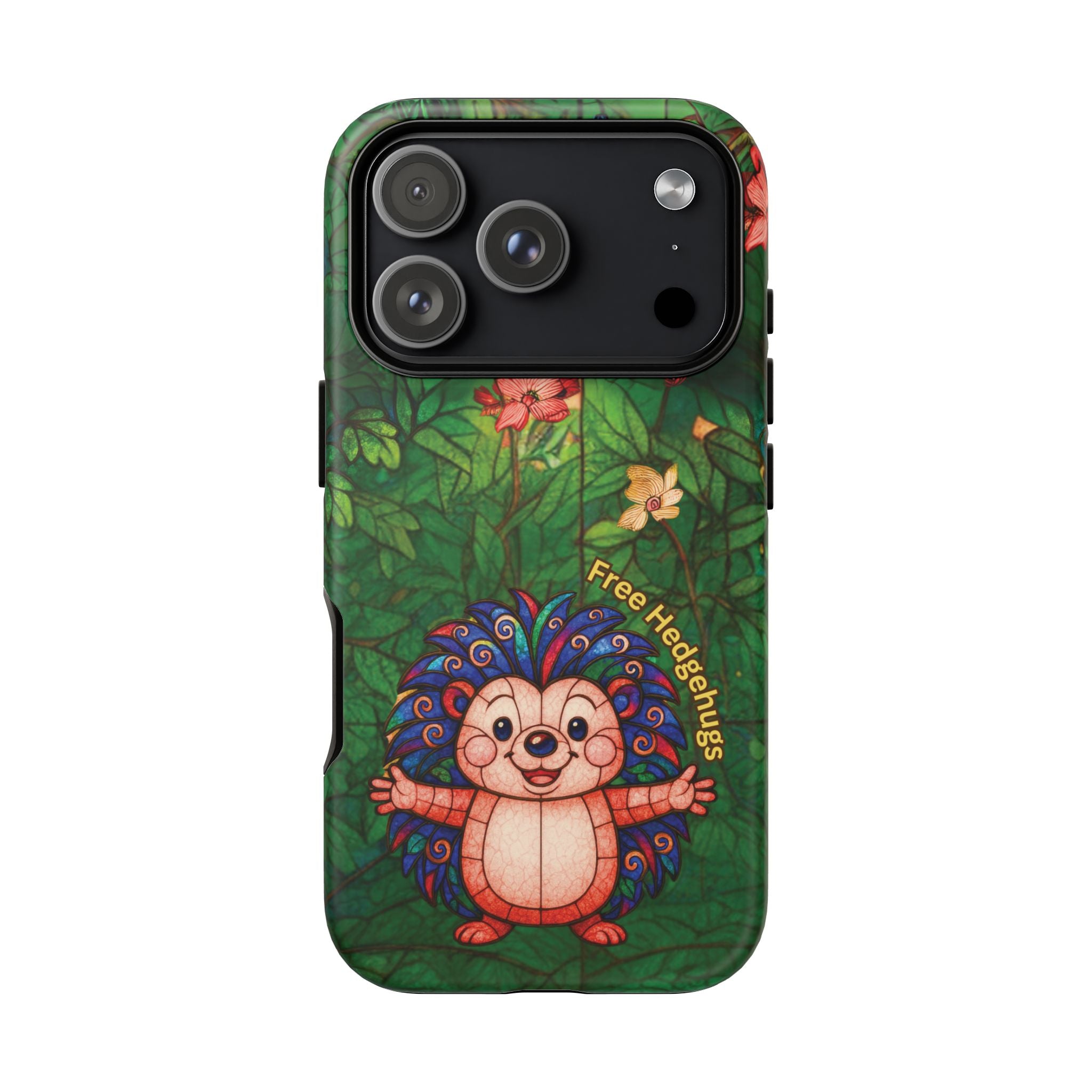 Stained Glass Hedgehog Phone Case – "Free Hedgehugs" Floral Design
