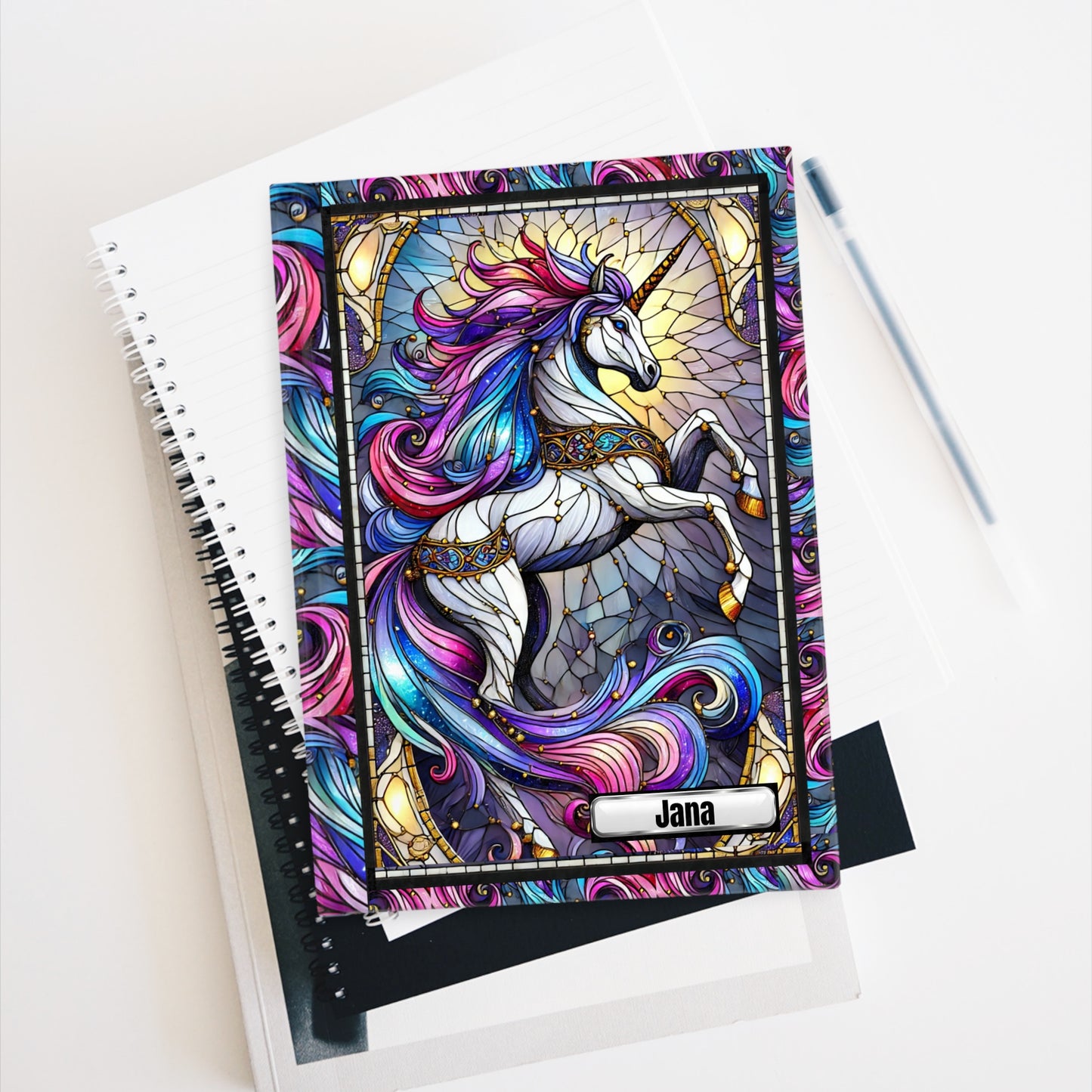 Custom Unicorn Stained Glass Lined Pages Journal, Unicorn Lovers Gift From Mom, Decorative Reflection Notepad, Creative Writing Artistic Notebook