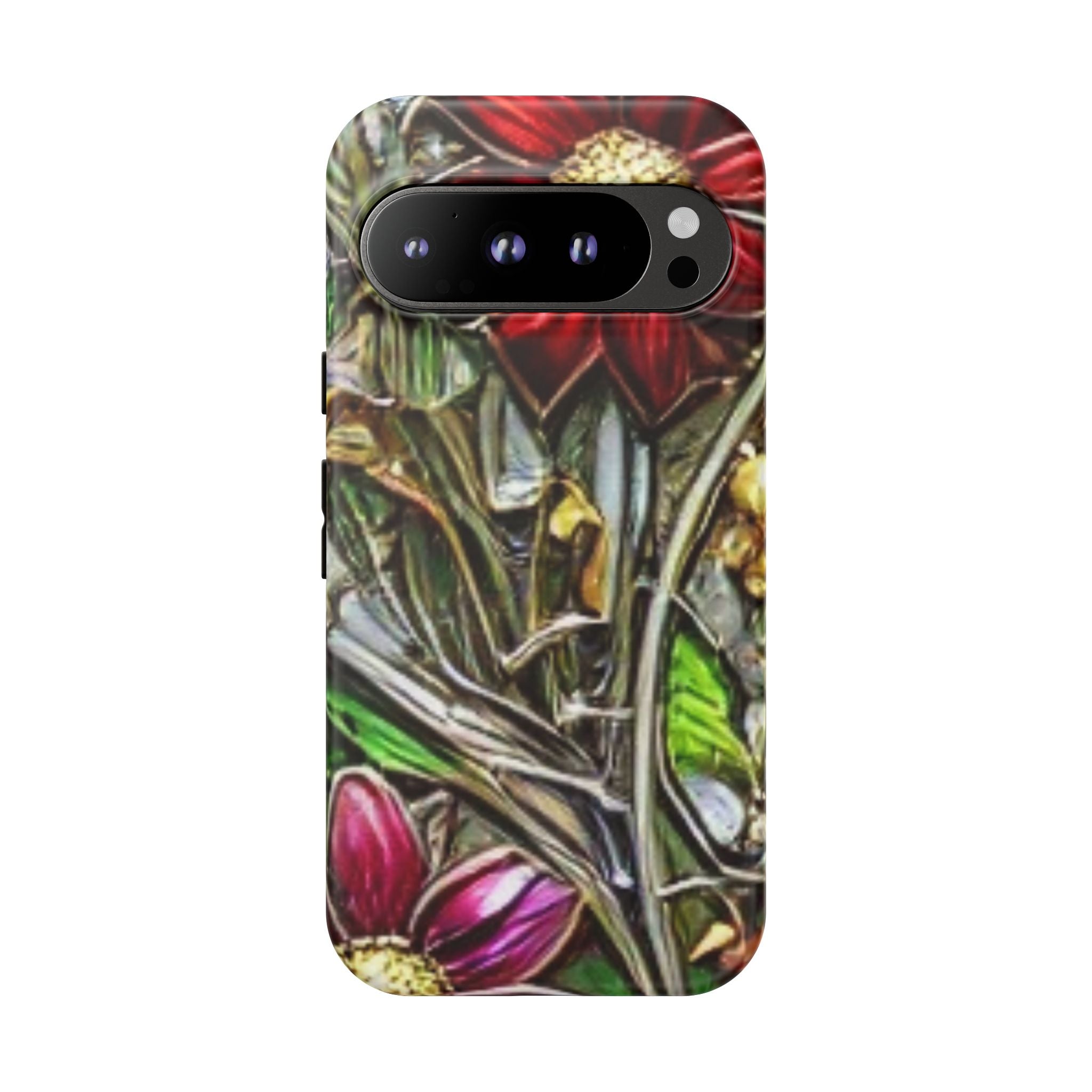 Floral Stained Glass Phone Case – Metallic Red & Purple Flower Design