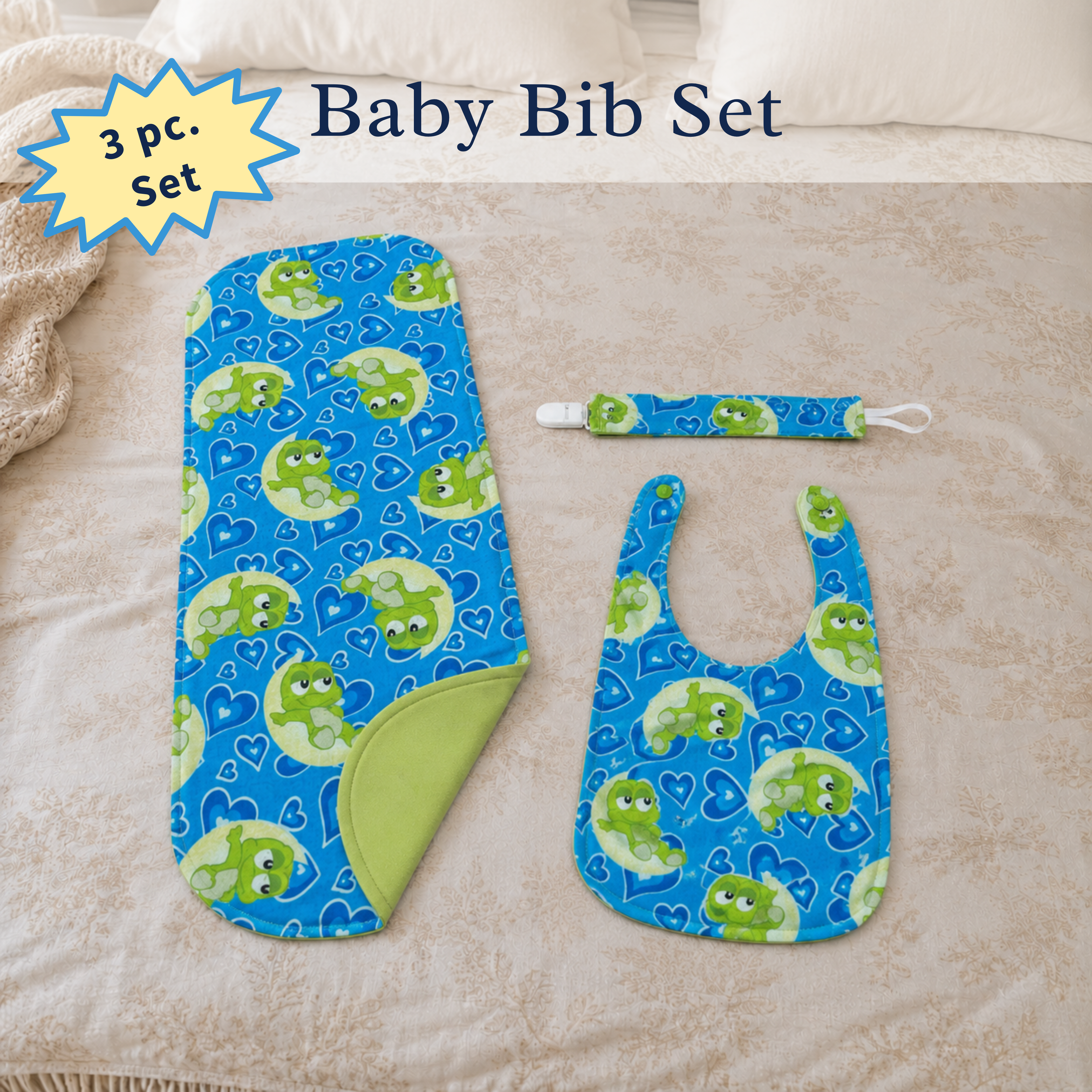 Blue Baby Frog Bib Set – Handmade Bib, Burp Cloth & Pacifier Holder for Newborns (0–3 Months)