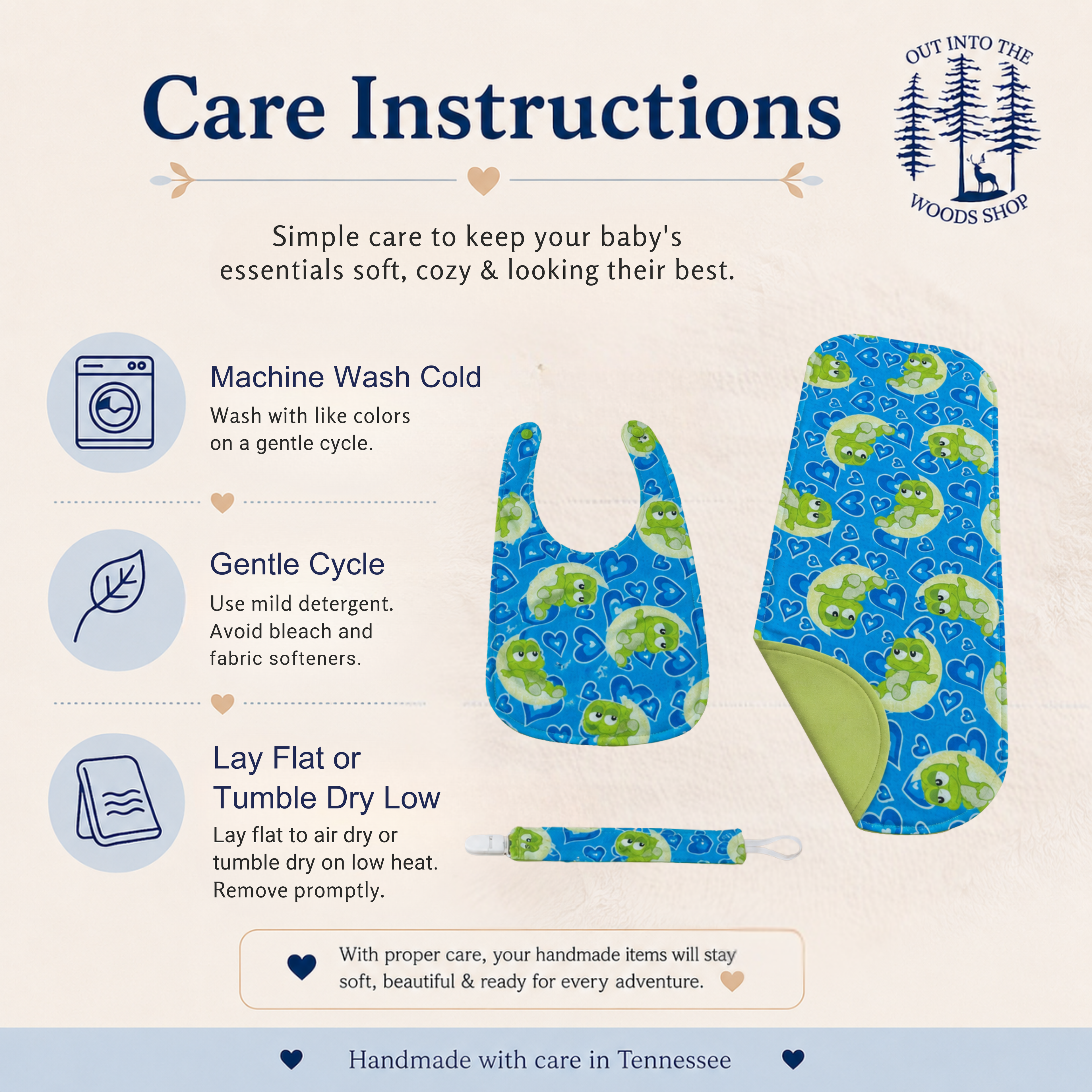 Blue Baby Frog Bib Set – Handmade Bib, Burp Cloth & Pacifier Holder for Newborns (0–3 Months)