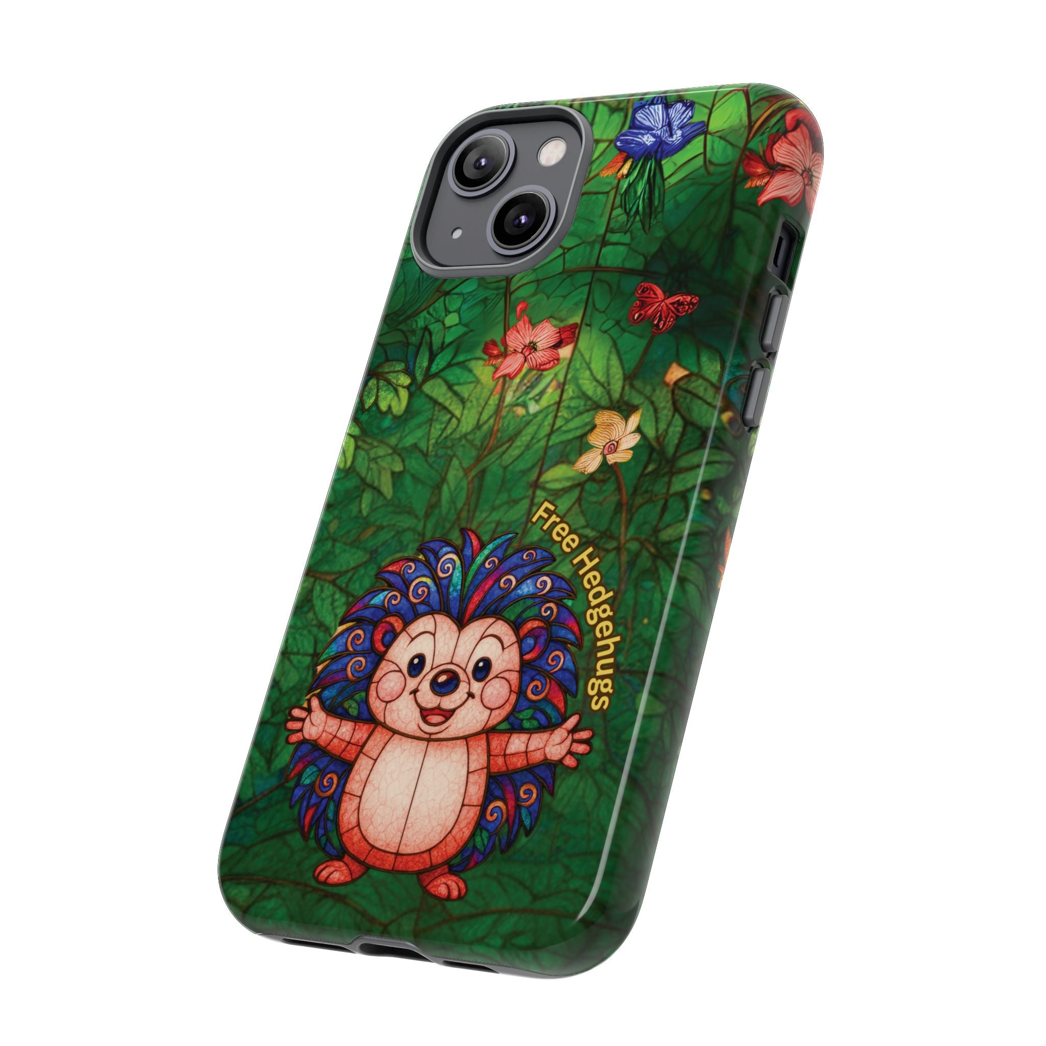 Stained Glass Hedgehog Phone Case – "Free Hedgehugs" Floral Design