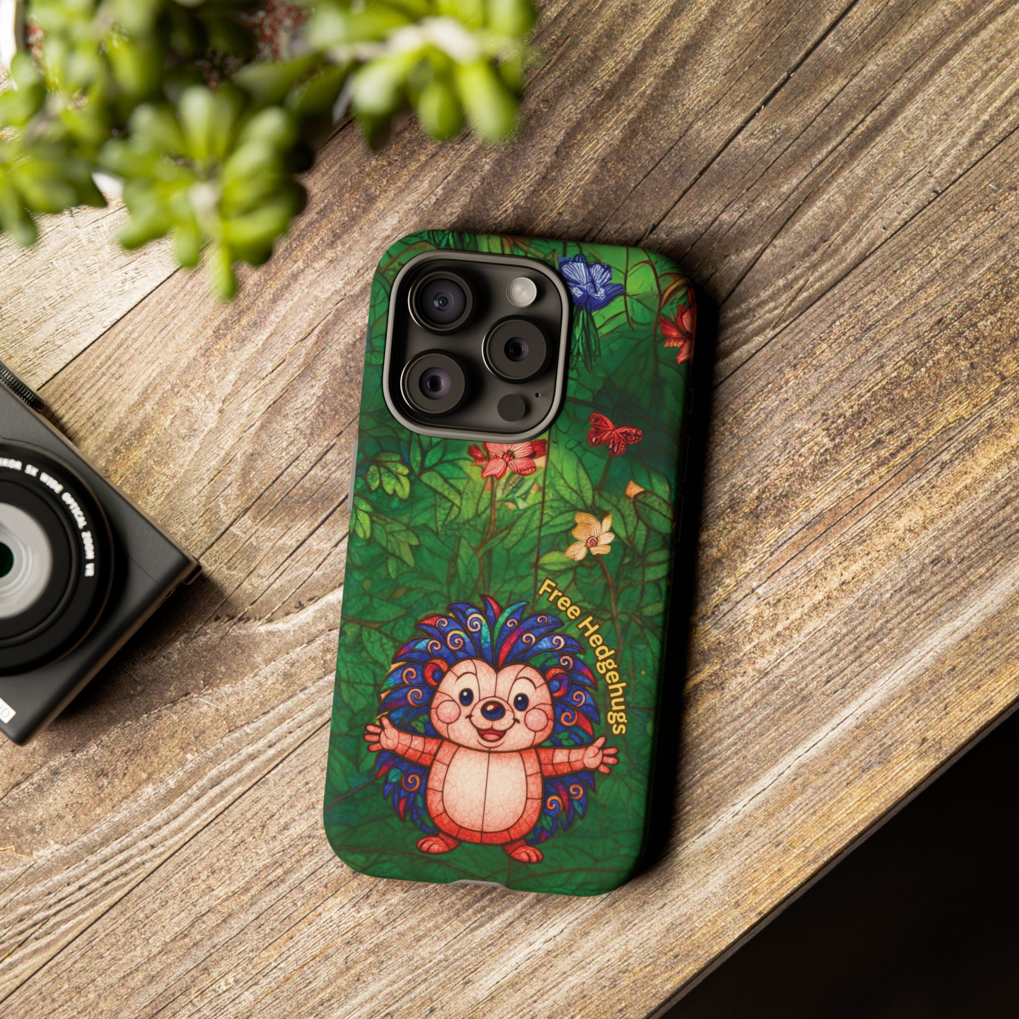 Stained Glass Hedgehog Phone Case – "Free Hedgehugs" Floral Design