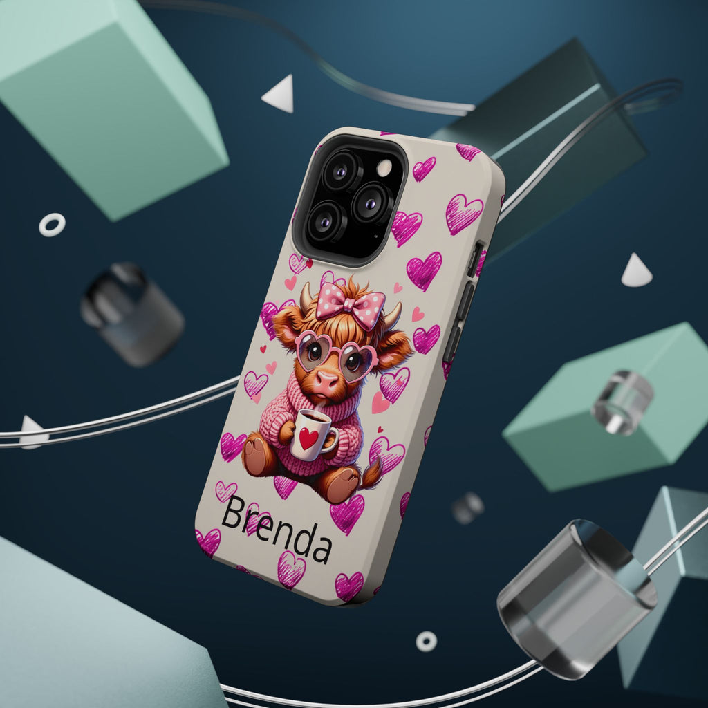 Highland Cow With Pink Hearts iPhone Case, Valentines Magnetic Impact-Resistant Case