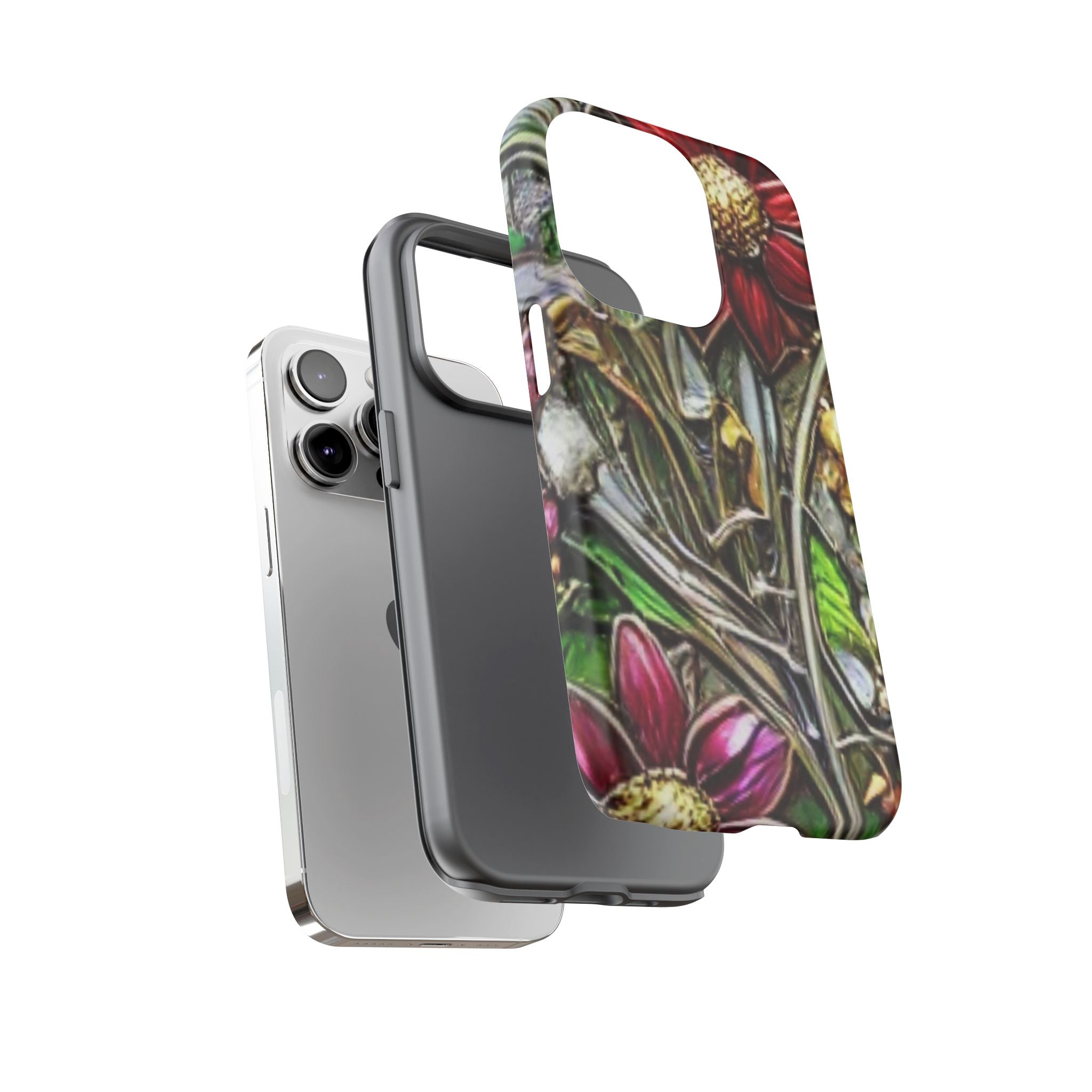 Floral Stained Glass Phone Case – Metallic Red & Purple Flower Design