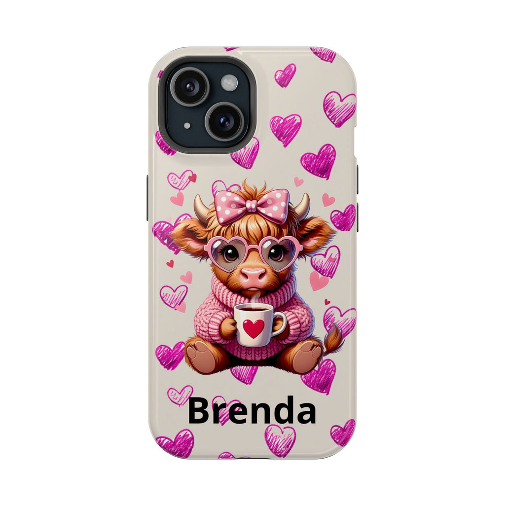Highland Cow With Pink Hearts iPhone Case, Valentines Magnetic Impact-Resistant Case