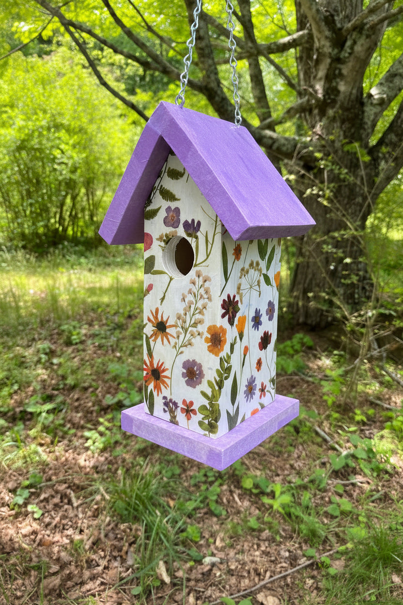 Handmade Purple Wildflower Wooden Birdhouse