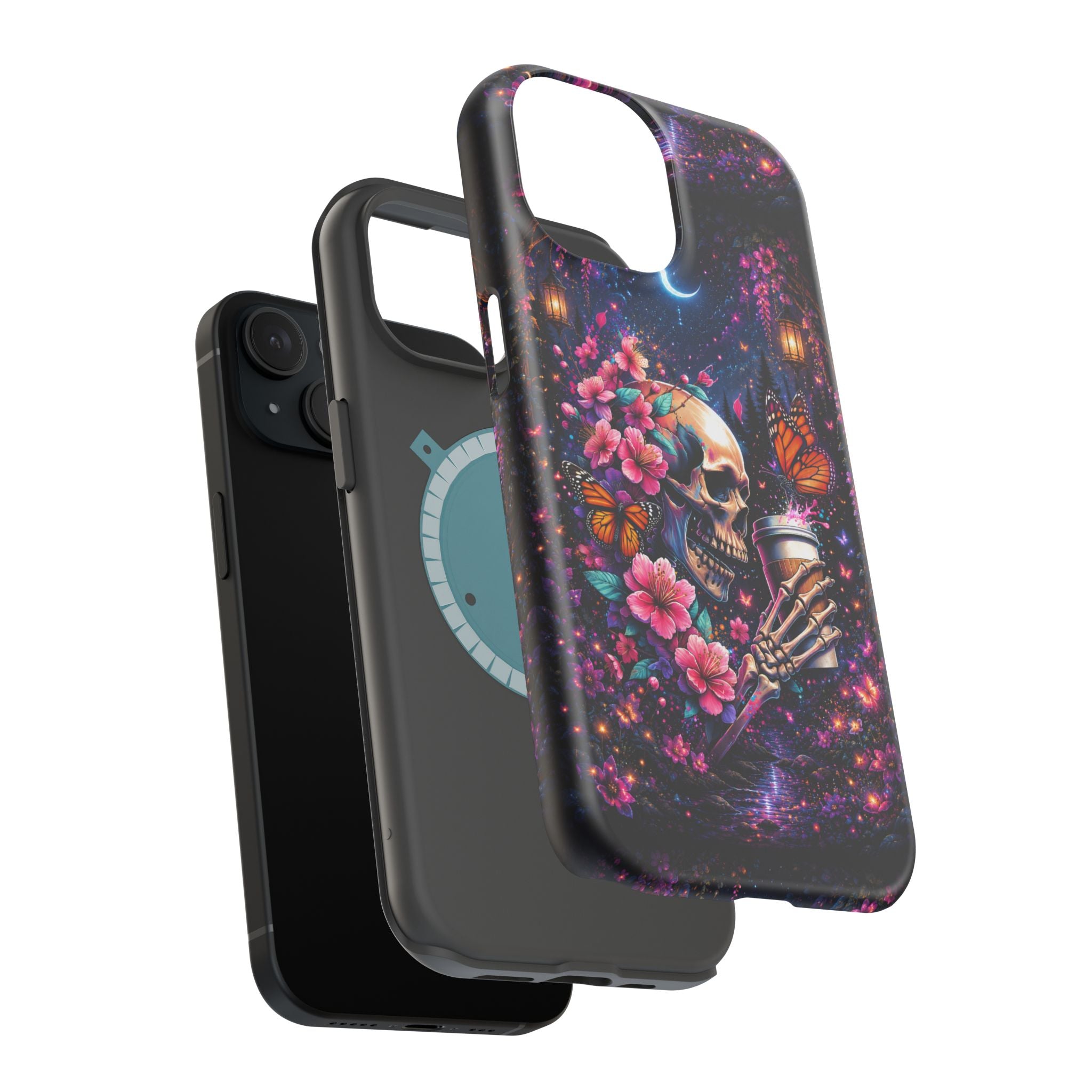 Skull & Cherry Blossom Phone Case – Floral Gothic MagSafe Cover