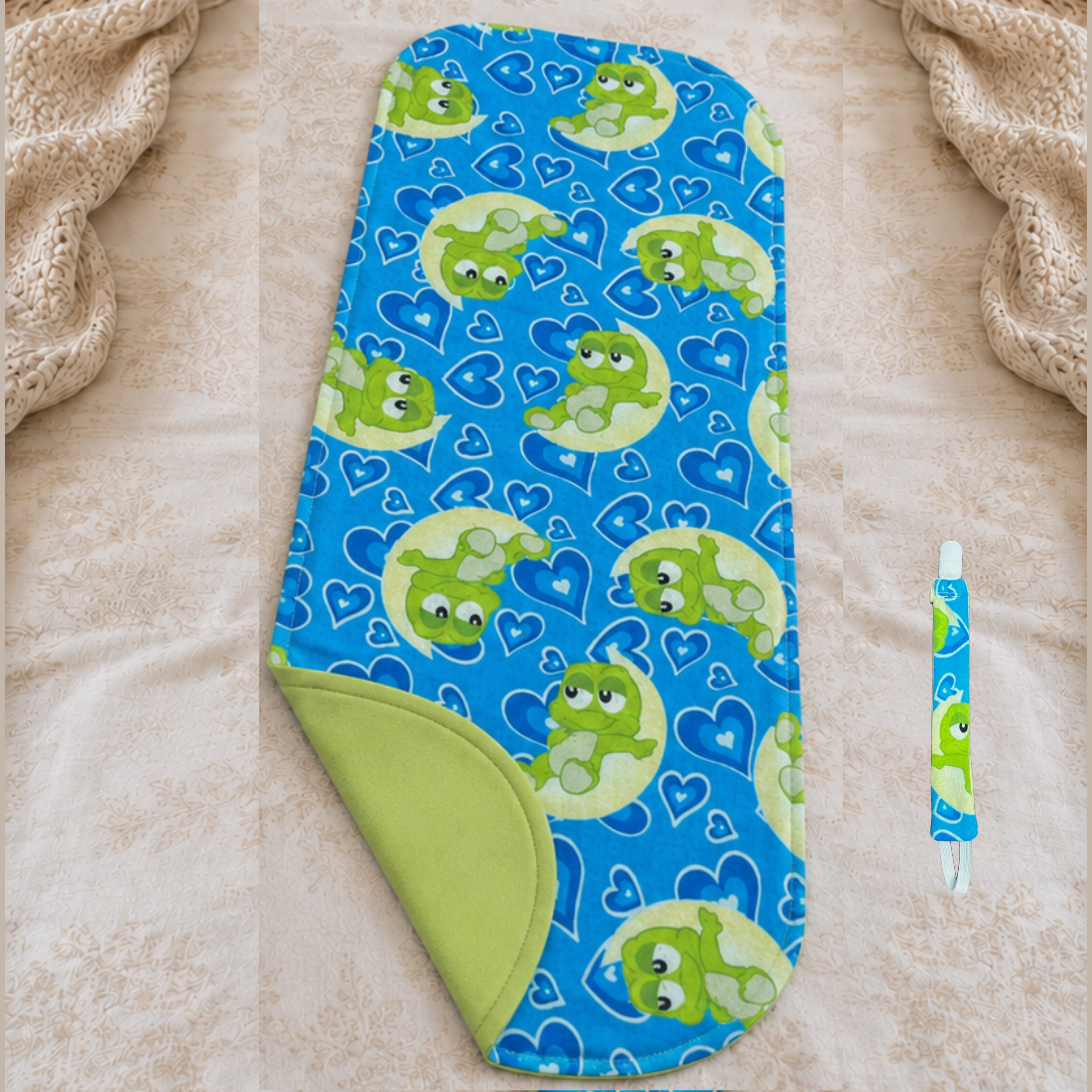 Blue Baby Frog Bib Set – Handmade Bib, Burp Cloth & Pacifier Holder for Newborns (0–3 Months)