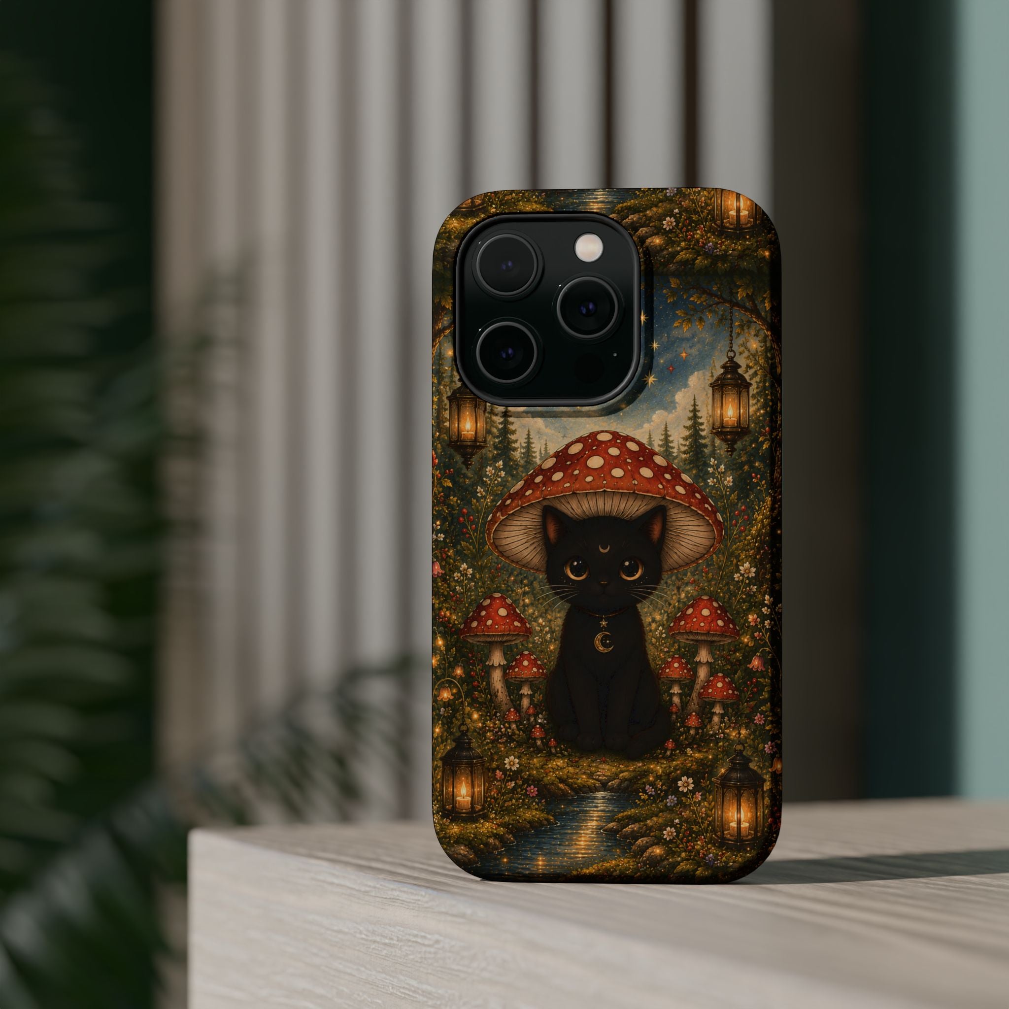 Black Cat & Mushroom Phone Case – Magical MagSafe-Compatible Cover