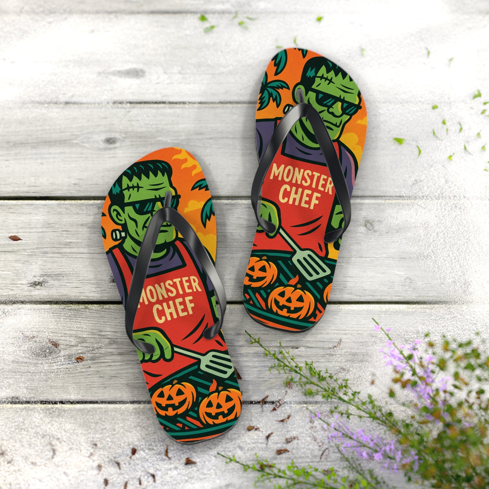 Halloween Monster Chef Flip Flops – Vibrant Summerween Sandals