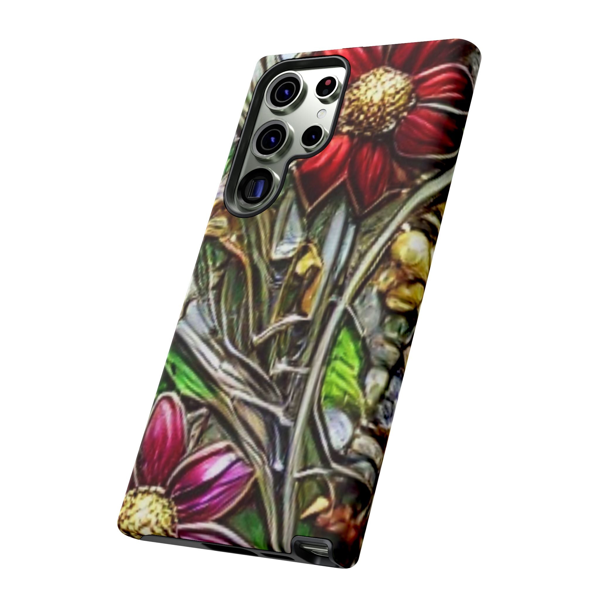 Floral Stained Glass Phone Case – Metallic Red & Purple Flower Design