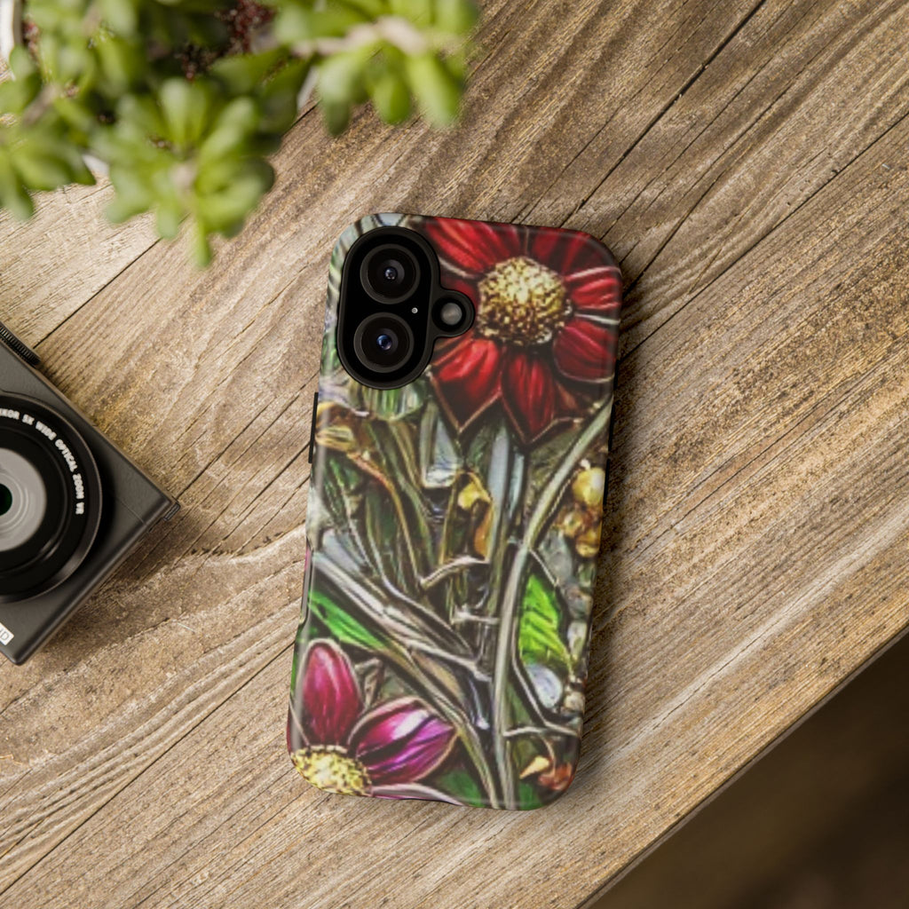 Floral Stained Glass Phone Case – Metallic Red & Purple Flower Design