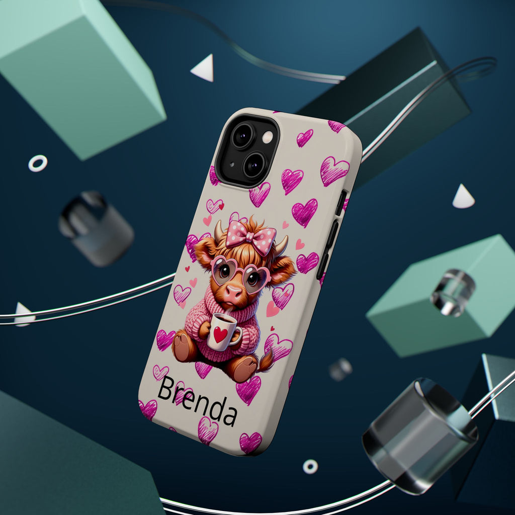 Highland Cow With Pink Hearts iPhone Case, Valentines Magnetic Impact-Resistant Case