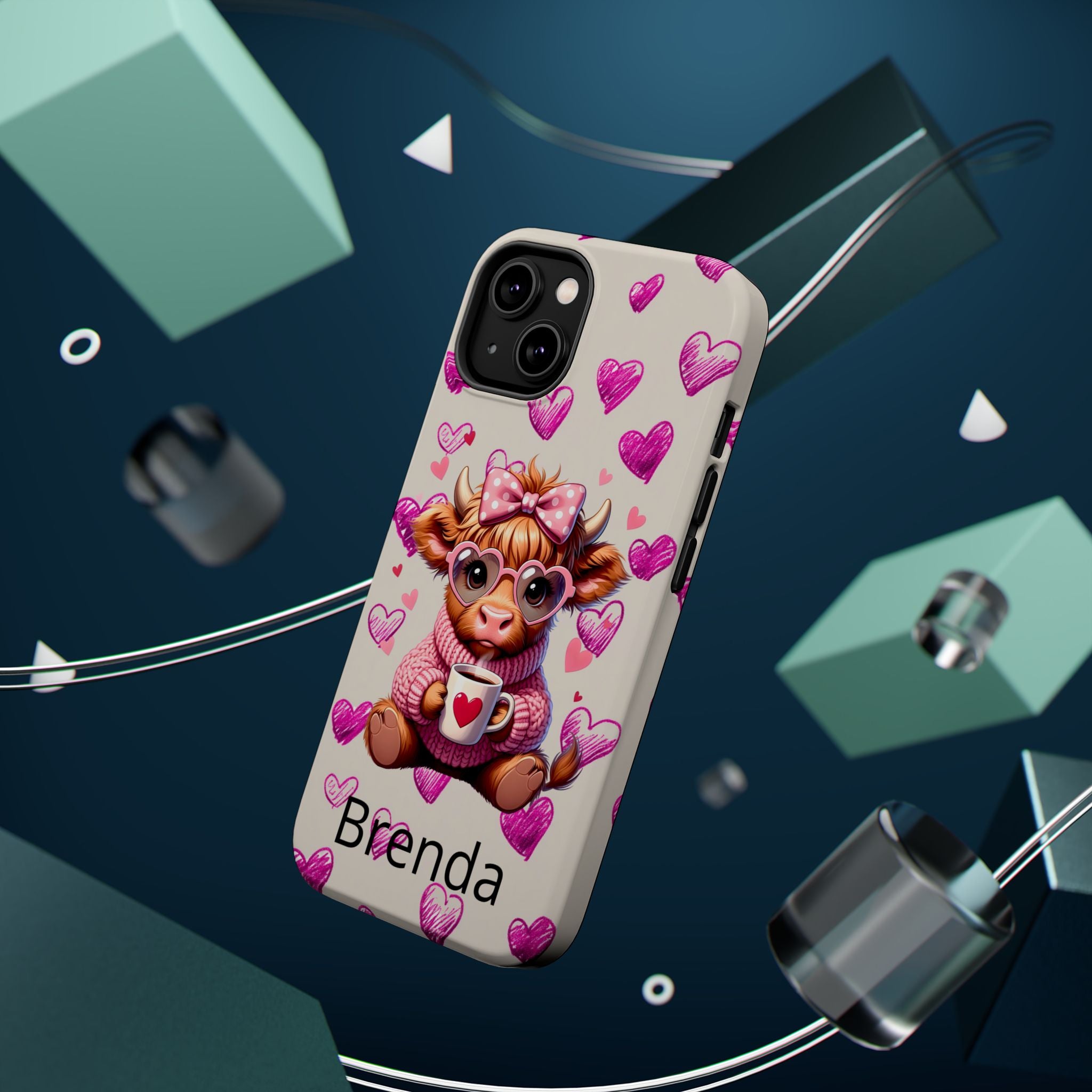 Highland Cow With Pink Hearts iPhone Case, Valentines Magnetic Impact-Resistant Case