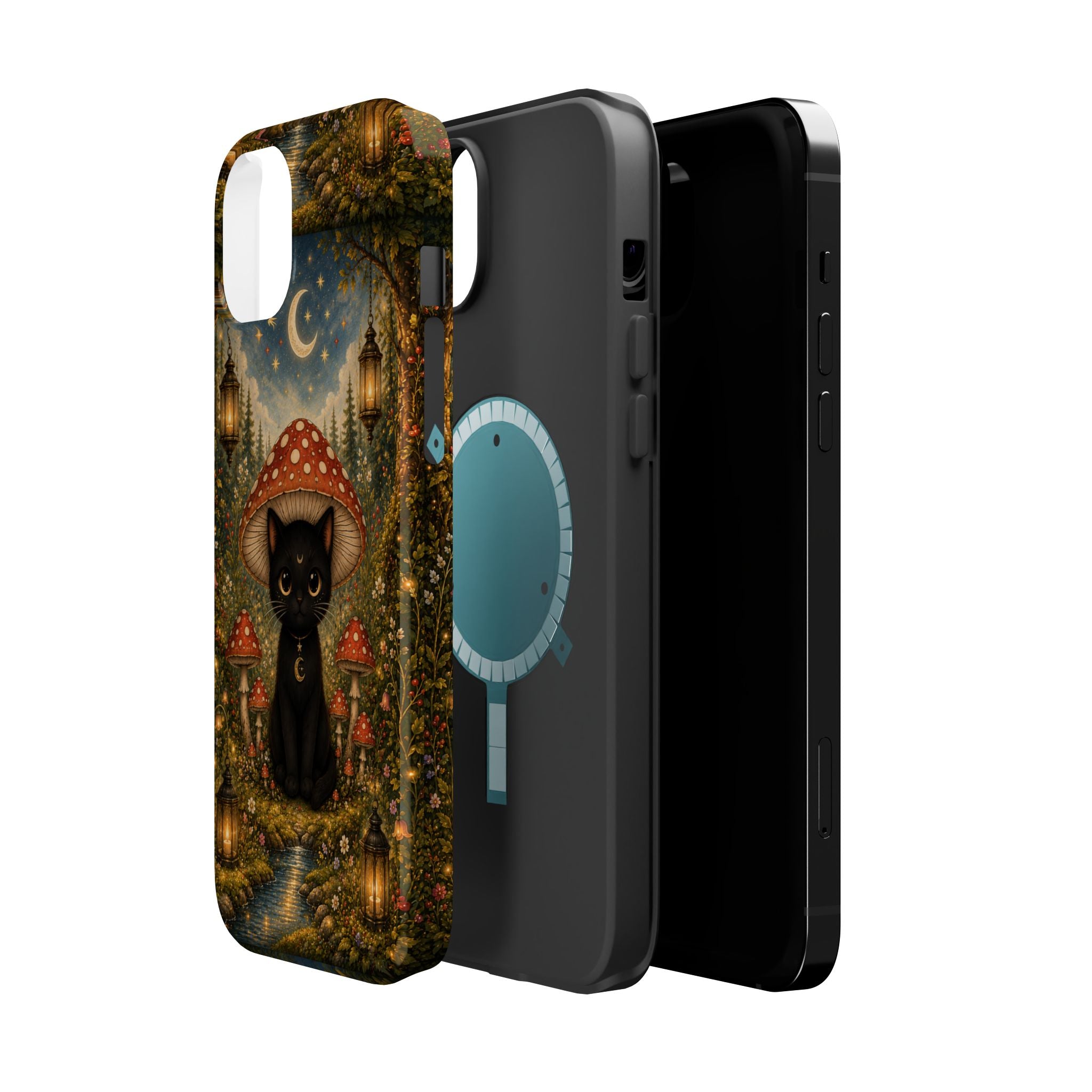 Black Cat & Mushroom Phone Case – Magical MagSafe-Compatible Cover