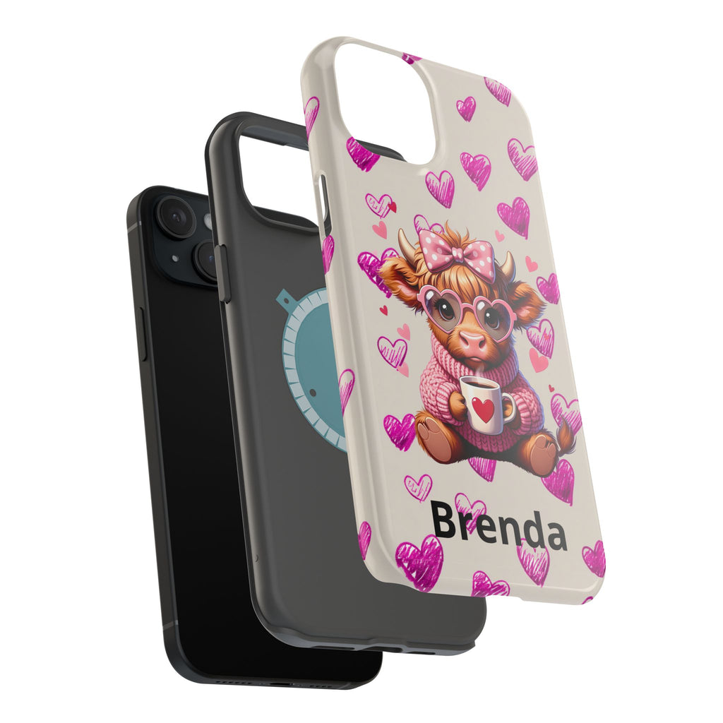 Highland Cow With Pink Hearts iPhone Case, Valentines Magnetic Impact-Resistant Case