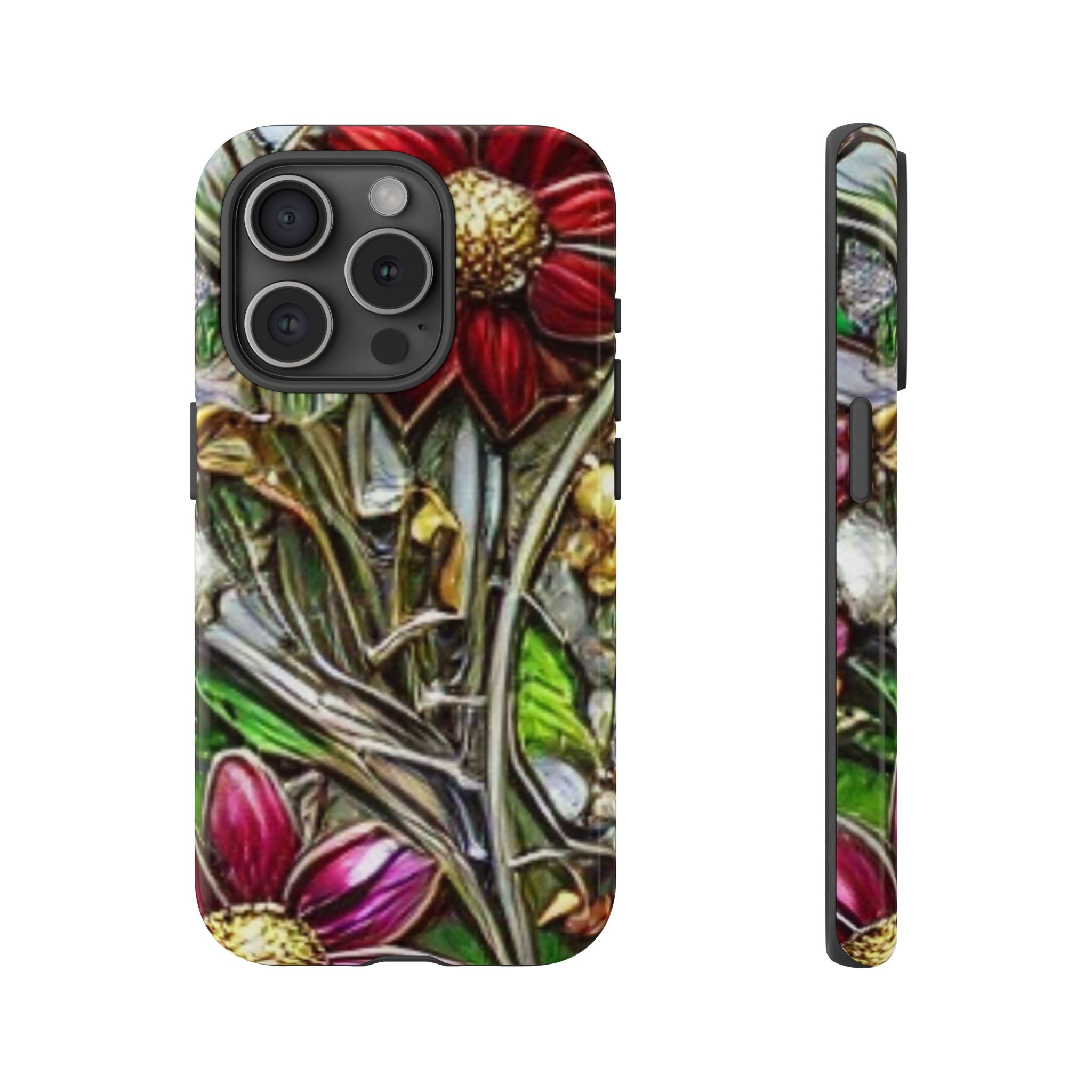Floral Stained Glass Phone Case – Metallic Red & Purple Flower Design