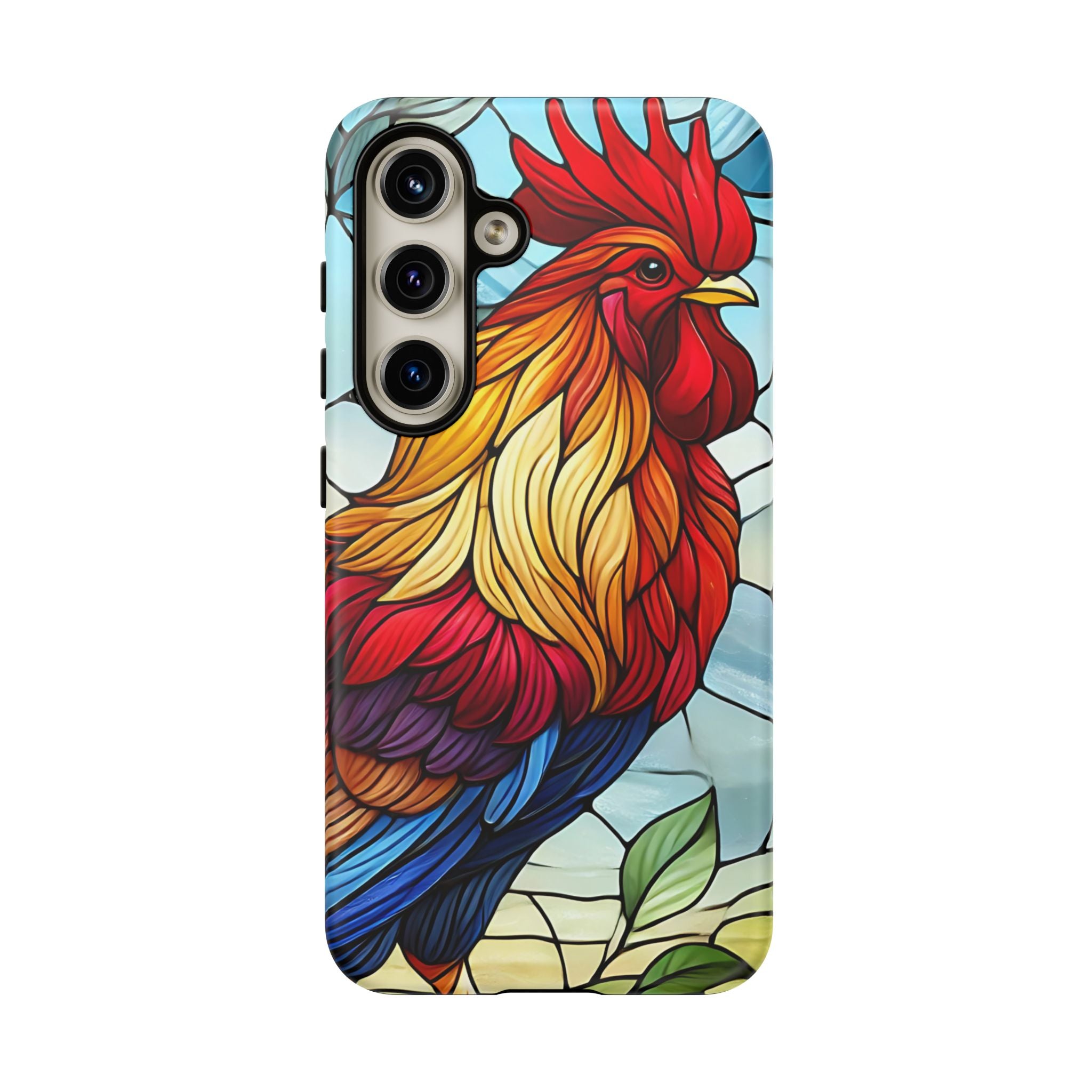 Rooster Faux Stained Glass Phone Case – 3D Full-Wrap Protective Cover with TPU Liner