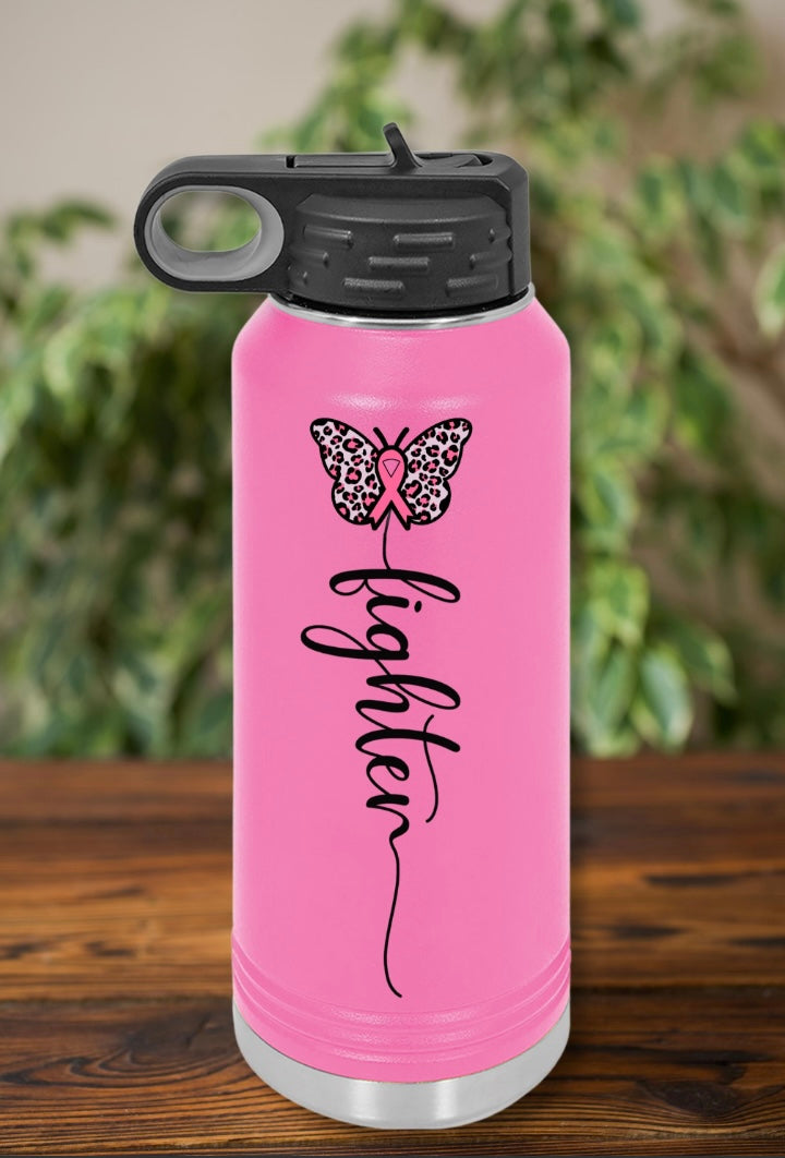 Customizable Breast Cancer FIGHTER Water Bottle with Butterfly Design, Inspirational Gift for Fitness, Hydration, Personalized, Elegant and Motivational