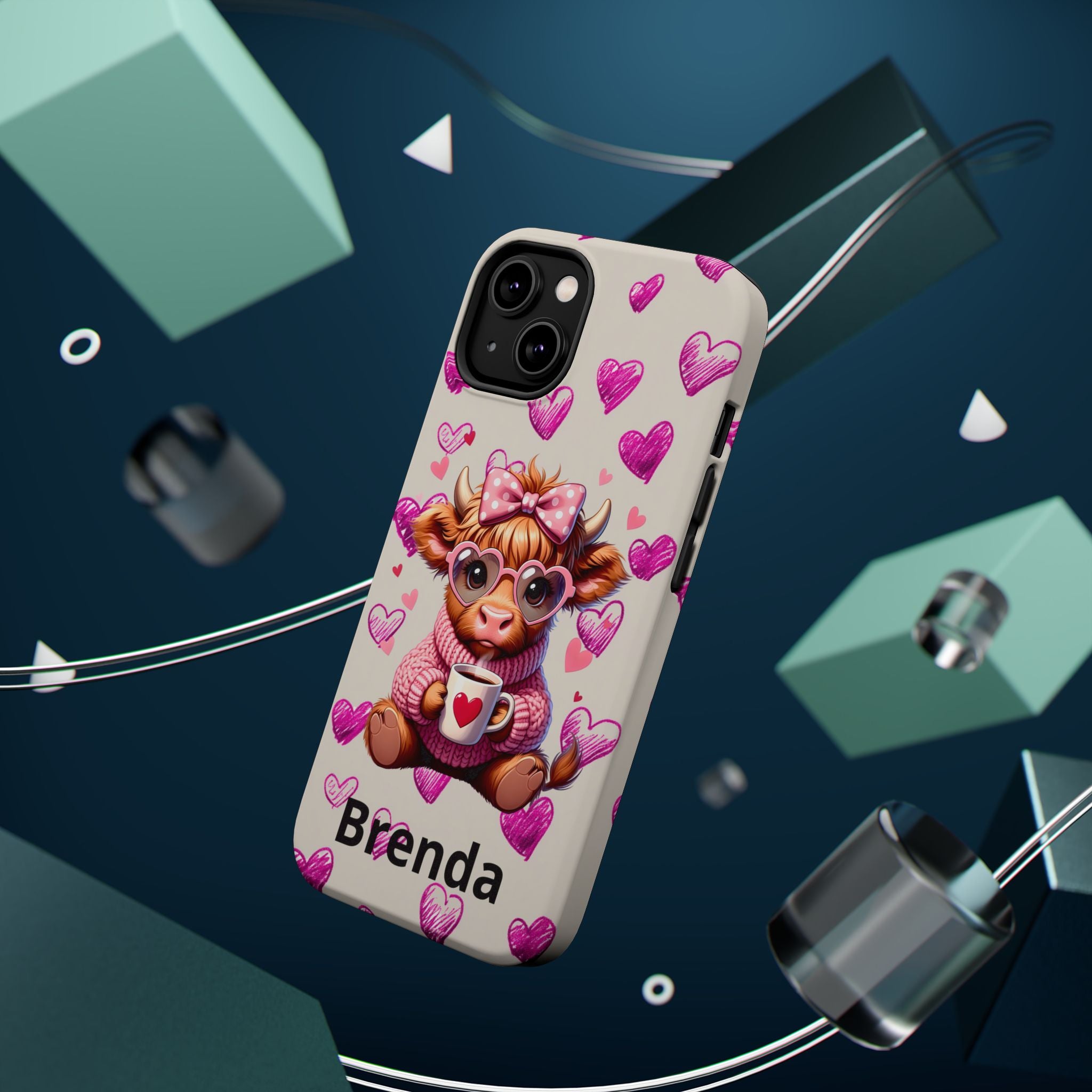 Highland Cow With Pink Hearts iPhone Case, Valentines Magnetic Impact-Resistant Case