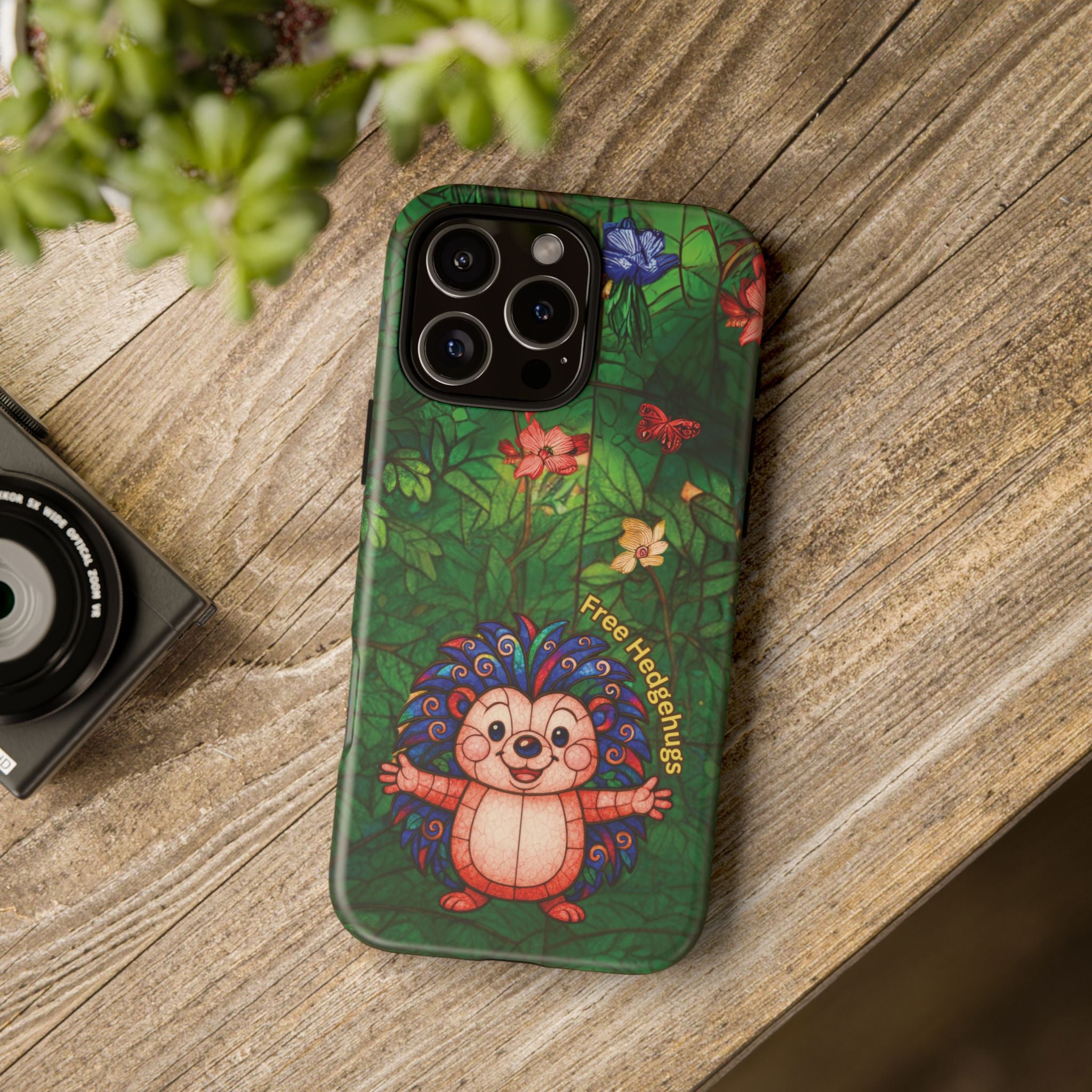 Stained Glass Hedgehog Phone Case – "Free Hedgehugs" Floral Design